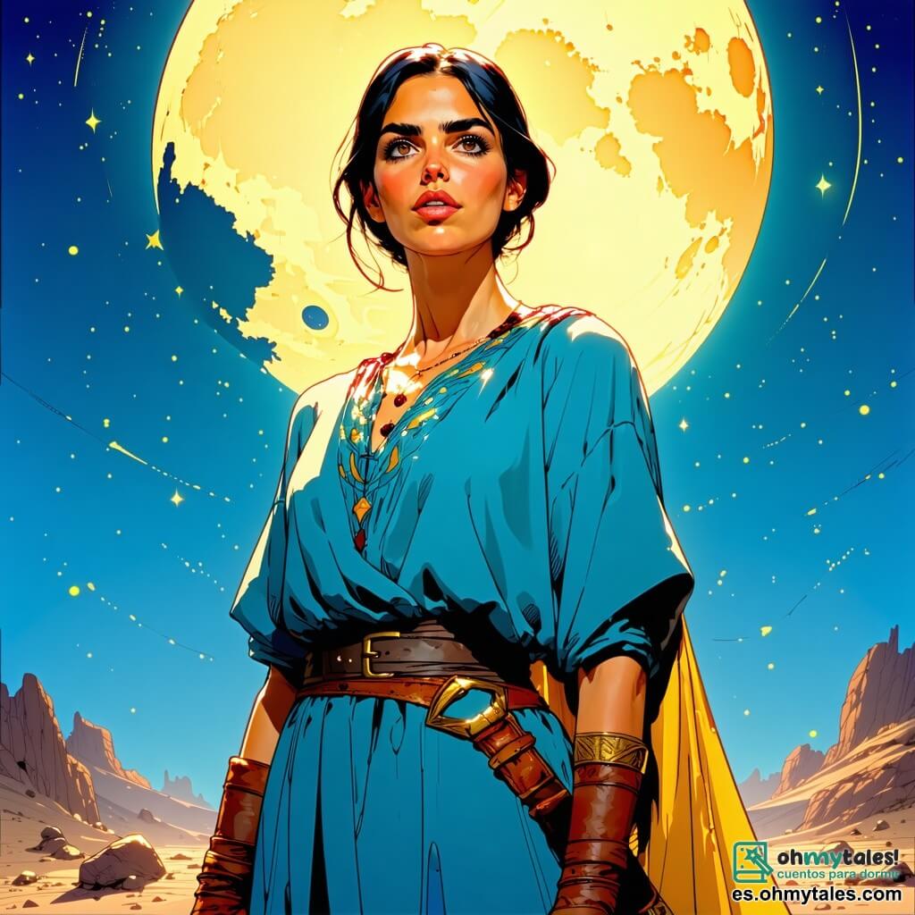 Aurelia Sabina, una mujer de unos treinta años, se encuentra en el centro de la imagen, con los ojos brillantes de determinación y una expresión de emoción en su rostro. Lleva una túnica de lino azul claro, adornada con motivos dorados, y un cinturón de cuero donde se encuentra la misteriosa Cuchara de Saturno, que sostiene firmemente en su mano. A su lado, Lucio, un joven de unos 25 años, con cabello rizado y una túnica roja brillante, observa la escena con una sonrisa traviesa, sosteniendo un rollo de papiro en su mano. Cornelia, una joven de unos 15 años, con cabello largo y negro, se mantiene ligeramente atrás, con las manos en las caderas, mostrando una expresión de curiosidad y entusiasmo. La escena tiene lugar en el Templo de la Luna, un edificio majestuoso con columnas blancas y mosaicos brillantes, iluminado por la suave luz de la luna. Estrellas brillan en el cielo nocturno, mientras un halo plateado rodea el altar central, donde la Cuchara de Saturno emite un resplandor misterioso. Aurelia, Lucio y Cornelia se preparan para invocar la magia de la Cuchara, mientras una suave brisa hace bailar sus ropas. La atmósfera está cargada de emoción y misterio, y se puede casi escuchar el murmullo de los ancestros en el aire.