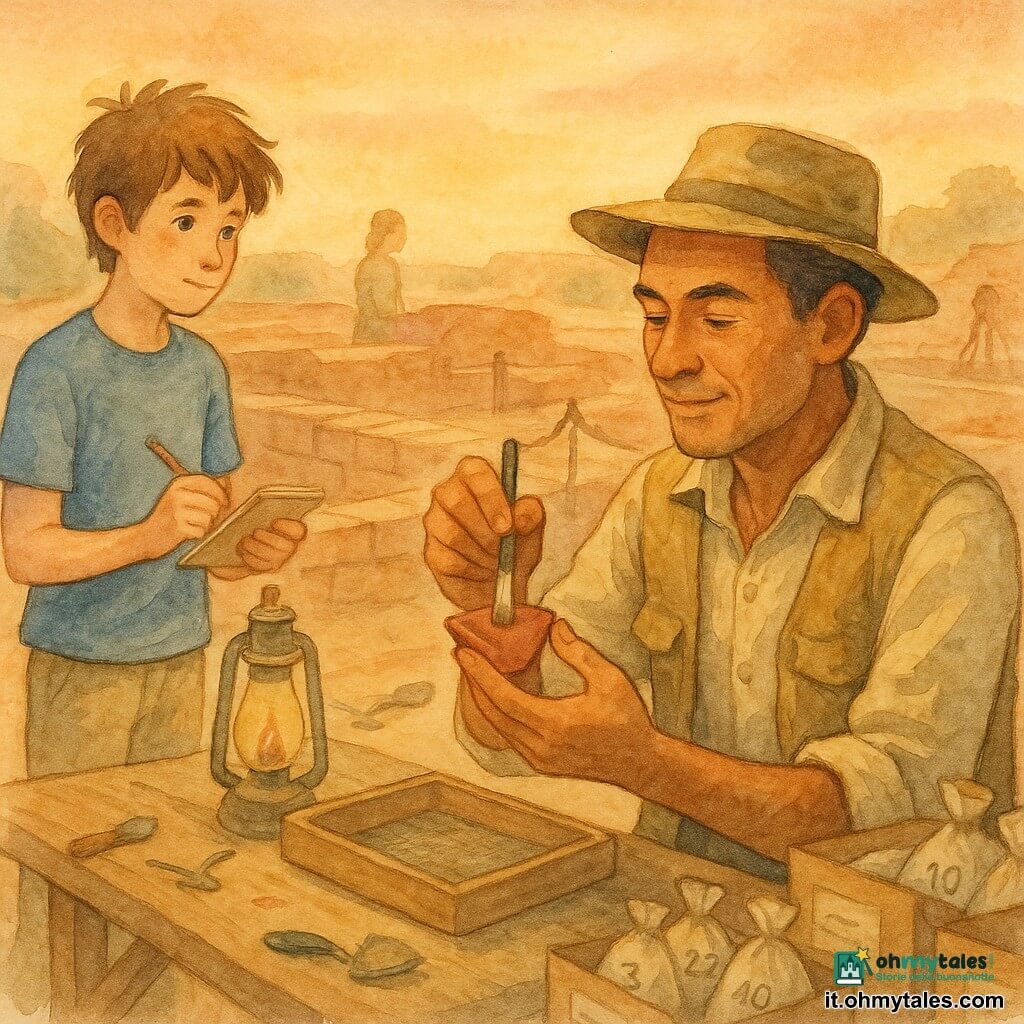 Un archeologo uomo dal viso sorridente ma concentrato, pelle bruna chiara, capelli corti neri brizzolati, con cappello kaki, camicia maniche rimboccate e gilet beige sporco di terra, tiene delicatamente un frammento di vaso rosso tra due dita e lo osserva con attenzione; un ragazzo stagista di circa 16 anni, capelli castani spettinati, maglietta blu e pantaloni beige, sta a sinistra con un taccuino e una matita pronto a prendere appunti vicino a un tavolo di legno; una collega donna sui 30 anni sfocata sullo sfondo per suggerire una squadra silenziosa; sito di scavo antico a Harappa al crepuscolo con terreno sabbioso, file di mattoni cotti, corde a segnare quadrati, piccole pale, un setaccio e una lampada a olio sul tavolo; scena principale: l'archeologo pulisce dolcemente il frammento con un pennello sottile, scatole con etichette e sacchetti numerati allineati, tavole a proteggere un muro fragile; atmosfera morbida, luci calde del tramonto, palette acquerello e tocchi testurizzati visibili.