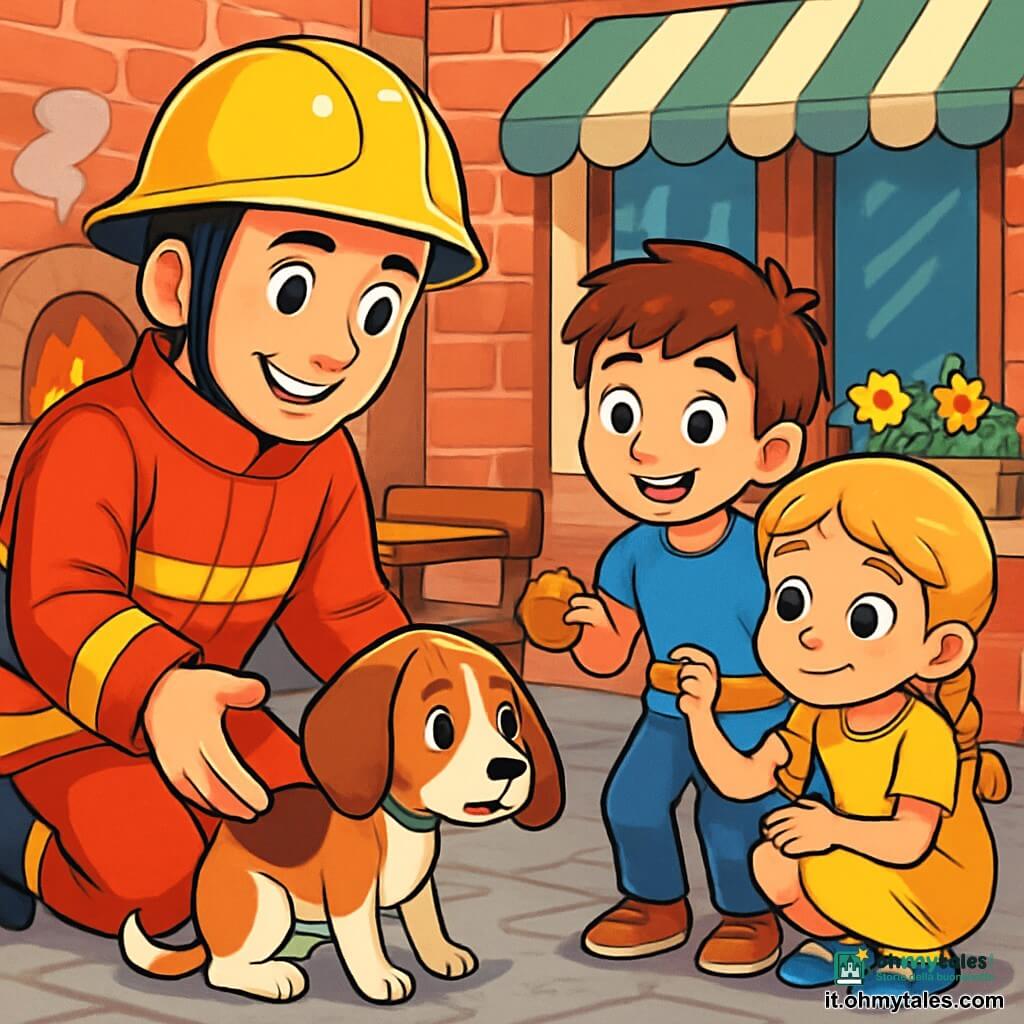 Un pompiere, un uomo di circa trent'anni, con un casco lucido e un'uniforme rosso vivo, sorride calorosamente. I suoi occhi brillano di determinazione e bontà mentre tende la mano verso un piccolo cane tremante, un beagle con grandi orecchie pendenti, che si avvicina timidamente. Accanto a lui, due bambini, un ragazzo di 8 anni di nome Luca, con capelli castani disordinati e una maglietta blu, e una ragazza di 7 anni di nome Lia, con trecce bionde e un vestito giallo, osservano con curiosità e sollievo. Luca tiene un biscotto in mano, pronto a darlo al cane, mentre Lia si accovaccia, con gli occhi pieni di speranza. La scena si svolge davanti a una panetteria pittoresca, con muri di mattoni rossi e finestre decorate con fiori colorati. Il pompiere, con un'espressione rassicurante, cerca di calmare il cane spaventato, mentre i bambini lo osservano con ammirazione, creando un'atmosfera di amicizia e aiuto reciproco.