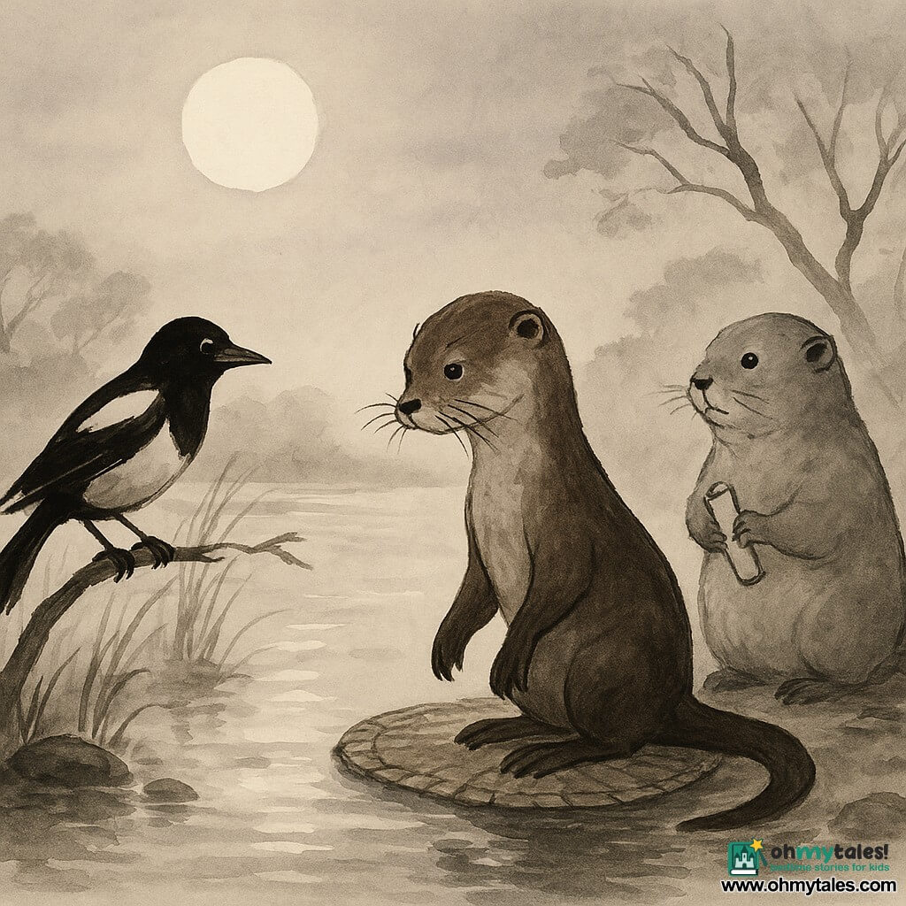 Milo, a thin otter with bright eyes and fine whiskers, appears thoughtful and gentle with glossy brown fur, paw-fin resting on a small reed mat while lightly holding it rolled and gazing at the river's mirror with a melancholic yet curious expression; Juniper, a magpie with striking black-and-white plumage, perches on a low branch to Milo's left, wings folded and playfully attentive as if encouraging him; the Magistrate Marmot, a plump gray marmot with a feather tucked behind his ear, stands slightly back on a log holding a small rolled parchment, watching hesitantly; the setting is a riverbank at dusk with thin waving reeds, wet smooth stones, silver reflections on calm water, a few gnarled trees in the background and a lavender sky with a pale moon; Milo uses a reed hoop-mat on the sand to pose a question to the river — an intimate, quiet scene with soft focus and contrast between dark silhouettes and pale washes of color for water and sky.