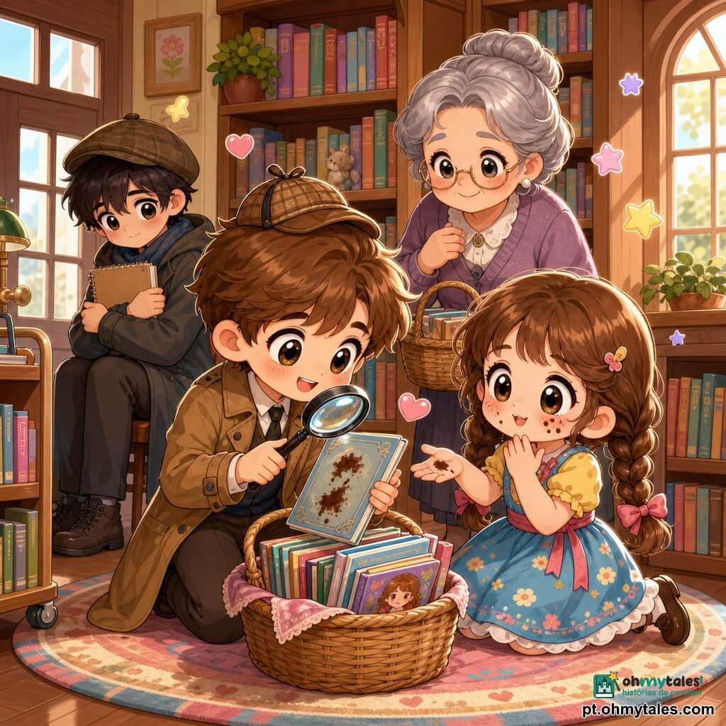 Um menino-detetive (≈9 anos) de cabelo castanho curto, olhos redondos e sorriso confiante, com um chapéu imaginário e uma lupa sobre a cara, inclina-se para observar a capa de um livro com manchas de chocolate; uma menina (≈7 anos) de tranças e vestido colorido, com migalhas de chocolate na boca, está sentada junto a um cesto de revistas e timidamente aponta para o livro; uma bibliotecária (≈60 anos) de cabelo grisalho em coque e óculos redondos sorri benevolente segurando o cesto junto à estante; um rapaz reservado (adolescente, ≈14 anos) de casaco e chapéu, tímido, segura um caderno de desenho no peito sentado num canto; interior de pequena biblioteca acolhedora com estantes de madeira, tapete redondo, grandes janelas e carrinho de revistas; momento de descoberta alegre com expressões de alívio e amizade e elementos kawaii (estrelas e corações), paleta viva com tons pastéis e contornos arredondados.