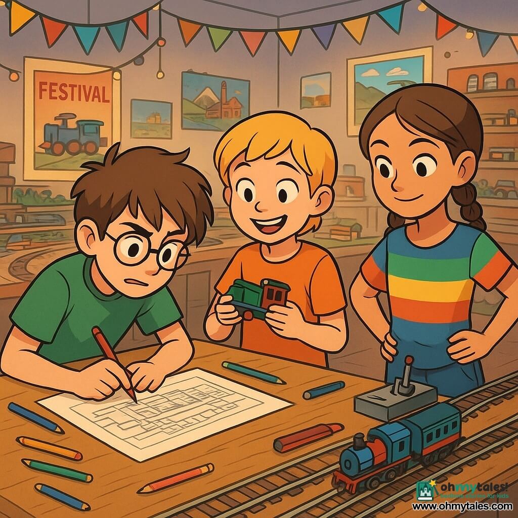 A 12-year-old boy, Oliver, with messy brown hair and round glasses, shows intense concentration and slight nervousness. He is leaning over a wooden workbench, surrounded by colored pencils and sheets of paper, drawing a complex diagram of the miniature station. Next to him, Maya, an 11-year-old girl with short blonde hair, smiles enthusiastically, holding a small plastic train in her hands, ready to use it in their challenge. Jo, another 12-year-old girl with braids and a colorful t-shirt, carefully observes the station's levers, hands on her hips, ready to help. The setting is a lively club room filled with train models, sparkling tracks, and colorful decorations for the festival, with posters on the walls. In the center, a large wooden table is covered with modeling materials, and soft lights illuminate the space, creating a warm and welcoming atmosphere. The main scene shows Oliver and his friends preparing for the impossible station challenge, with miniature trains lined up on the tracks, ready to be launched, while an atmosphere of excitement and camaraderie fills the air.