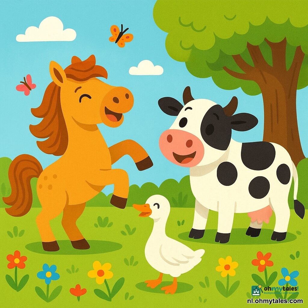 Een prachtig paard genaamd Pim, met een goudbruine vacht en een golvende manen, staat vrolijk midden in een groene weide, zijn ogen stralen van geluk. Hij danst op zijn benen met een grote glimlach op zijn gezicht terwijl hij enthousiast zijn hoofd schudt. Naast hem staat Kaat de koe, met haar zwart-witte vacht en grote zachte ogen, te lachen met haar oren omhoog, wat een vrolijke sfeer toevoegt aan de scène. Gus de gans, met zijn stralend witte veren en feloranje snavel, waggelt wat op de achtergrond en maakt grappige geluiden, maar blijft in de blije sfeer. De weide is gevuld met kleurrijke bloemen, vlinders fladderen rond, en een grote majestueuze eik staat op de achtergrond voor schaduw. In deze scène hebben Pim en zijn vrienden plezier met het maken van een wensenlijst, omringd door gelach en felle kleuren, wat de geest van vriendschap en vreugde vastlegt.