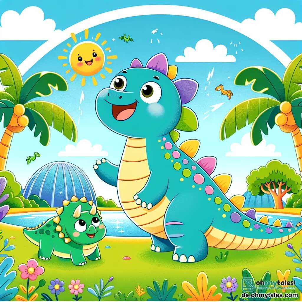 Ein fröhlicher Stegosaurus namens Stani, mit bunten Platten auf seinem Rücken, fliegt am blauen Himmel, sein Gesicht strahlt vor Glück und Staunen. Neben ihm ein kleiner Triceratops namens Tobi, mit grüner Haut und niedlichen Hörnern, schaut auf und ruft aus, begeistert von dem Flug seines Freundes. Im Hintergrund beobachtet ein langer Diplodocus namens Lili, mit langem Hals und brauner Haut, mit großen Augen, während sie nahe einem großen Baum steht. Die Kulisse ist ein tropisches Grün, gefüllt mit üppigen Palmen, bunten Blumen und einem großen, in der Sonne funkelnden See. Die Szene zeigt Stani, der fröhlich in der Luft fliegt, umgeben von seinen Freunden, die alle von dieser Magie des Fliegens in ihrer prähistorischen Welt fasziniert sind.
