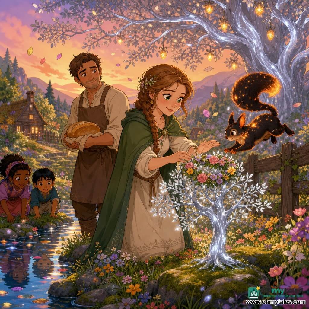 A young woman named Elowen with a gentle expressive face, light brown braided hair, bright green eyes and a calm focused smile wears a simple cream linen dress and green cloak as she places a flower crown on a small silver tree in a blessing gesture; a nearby neighbor, about 35, fair-skinned with short brown hair in peasant clothes and an apron stands slightly back holding a loaf of bread and smiling shyly at her; an ember-squirrel, cat-sized with black fur glowing orange, leaps on a nearby wooden fence, its luminous tail scattering soft sparks; behind them a large silver oak stands in the center of a glade with thin handlike branches and small lanterns like glowing fruit, petals and leaves drifting through the air; the scene is a twilight valley with pastel grass, wildflowers, mossy stones and a sparkling stream to the left reflecting lights and faces; warm, luminous, magical atmosphere—an intimate, friendly ceremony as Elowen crowns the young luminous tree while the neighbor offers bread and the glowing squirrel celebrates, fairy-tale style with warm oranges, greens and pinks and clean lines.
