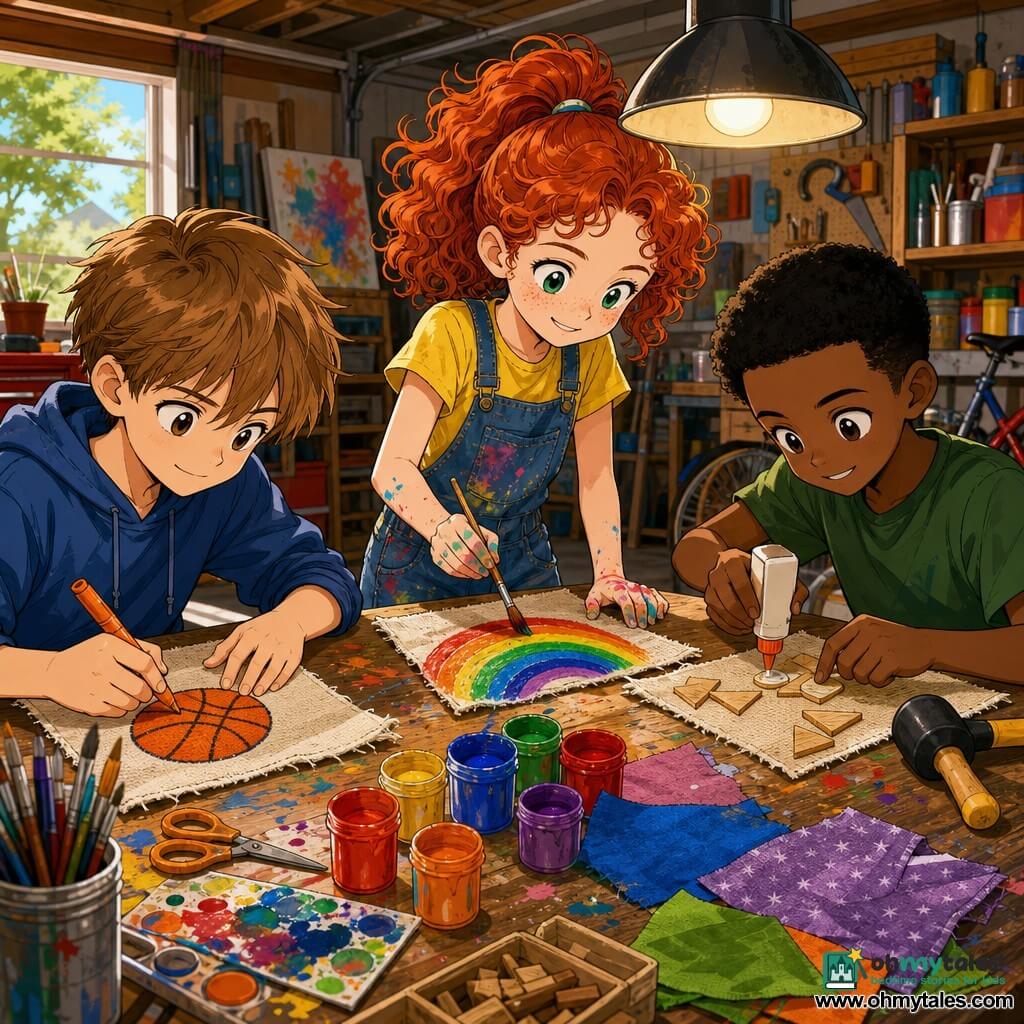 Three children, about 9 years old: Sam, a fair-skinned boy with light brown hair, sits left drawing an orange basketball on a fabric square; Lily, a very pale redheaded girl with curly hair in a ponytail, stands center painting a bright rainbow; Max, a warm-brown boy with short black hair, is right, gluing small wooden pieces to his fabric square. They work together in a bright garage-turned-studio with a wooden table covered in colorful fabrics, open paint pots, brushes, scissors and glue, a hanging lamp casting warm light over a concrete floor stained with paint, collaborating on a "Friendship Quilt"—hands busy, focused looks and shared smiles, vivid colors and mixed textures creating a warm, welcoming atmosphere.