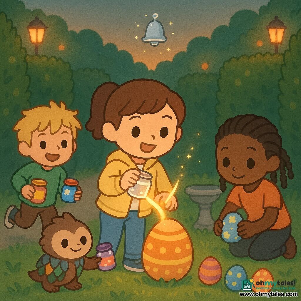 A 12-year-old girl, Lina, with a round face and brown ponytail, joyful and determined, pours a golden ribbon of light from a small glass jar onto a painted egg; an ~8-year-old boy, Milo, with tousled blond hair and a mischievous smile, in a green sweatshirt, runs slightly behind to her left carrying two colored jars; a 12-year-old girl, Nia, dark-skinned with braided hair, kneels to the right arranging colorful eggs on the grass and holds a star-patterned egg; a small Grebble creature wearing a shiny-paper waistcoat, with softened mischievous eyes, sits by a stone birdbath offering a mauve light jar to Lina; the scene is set in a dense hedge maze of a community garden at dusk with a light earth path, warm garden lamps, orange sun dapples, vivid patterned eggs rolling in a small parade on wet grass, and a small floating silver bell sparkling above the group; soft magical atmosphere, saturated pastels, simple clean textures, warm twilight lighting, centered composition focused on restoring color, minimal kawaii style with clean lines and a slightly blurred background to emphasize the characters and glowing jars.