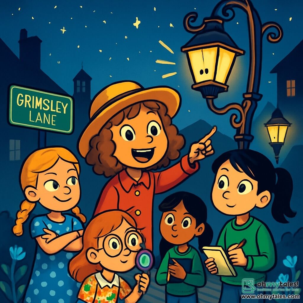 There are 4 children: - Marjorie: an 11-year-old girl with light brown curly hair, wearing a bright red coat and a straw hat. She stands in the center, eyes sparkling with excitement, pointing at the lamppost. - Lottie: a 10-year-old girl with braided blonde hair, dressed in a blue polka dot dress. She is to the left of Marjorie, arms crossed and a mischievous smile on her face, watching the lamppost. - Ivy: a 12-year-old girl with black hair in a ponytail, wearing a green sweater and jeans. She is to the right of Marjorie, holding a notebook and pencil, ready to take notes on the adventure. - Alice: an 11-year-old girl with round glasses and red hair, wearing a floral blouse. She is slightly behind, peering at the lamppost through her monocle, intrigued by the situation. The setting takes place on Grimsley Lane, a cobblestone street under a starry sky, where wrought-iron lampposts emit a golden light. Shadows dance on the walls of old houses, and luminescent flowers grow along the sidewalks, adding a touch of magic to the nighttime atmosphere. The main situation shows the children gathered around a seemingly alive lamppost, with a wrought iron face, emitting a faint grunt. They are in the midst of investigating the mystery of its howl, with expressions of curiosity and adventure on their faces.