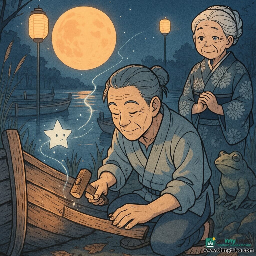 A calm, wrinkled man of about 50 with gray hair in a low bun crouches at the edge of a worn wooden boat, smiling and scraping the hull with a small polished wooden hammer; a proud, gentle 70‑year‑old woman with braided white hair in a chrysanthemum kimono stands slightly back on the shore with folded hands; a bowl‑sized silver star‑spirit floats by the bow casting a pale glow and thin luminous trails, while a sculpted stone frog guardian on a reed‑lined rock watches with a mossy eye; the setting is a small reed‑lined harbor under a large orange full moon, lanterns hanging, old boats with weathered planks and scattered autumn leaves; the main scene is a nocturnal boat repair with hands adjusting wooden slats and small spirit sparks, calm, intimate, slightly magical; graphic style: clear expressive lines, soft palette (midnight blue, silver, moon orange, wood brown), visible wood and fabric textures, and gentle contrasts.