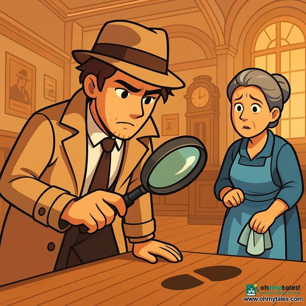Detective Arthur Finch stands in the center of the scene, with a focused and determined look. He wears a beige trench coat, a fedora hat, and holds a magnifying glass in his right hand, carefully examining a footprint on the wooden floor. His brown hair is slightly tousled, and a light stubble accentuates his serious expression. Next to him, Mrs. Lyle, the building's caretaker in her fifties, looks on with concern. She has gray hair in a bun, wears a blue apron, and holds a cloth as if she has just finished cleaning. Her face shows anxiety, and she stands slightly back, watching the detective. The setting is an old town hall with high ceilings adorned with moldings, large windows letting in golden sunlight, and a massive wooden desk at the back of the room. Old posters decorate the walls, and a large antique clock sits on a shelf. The main situation shows Arthur examining a footprint while Mrs. Lyle, worried, observes the scene. The atmosphere is tense and mysterious as they search for clues about the theft of a valuable clock.