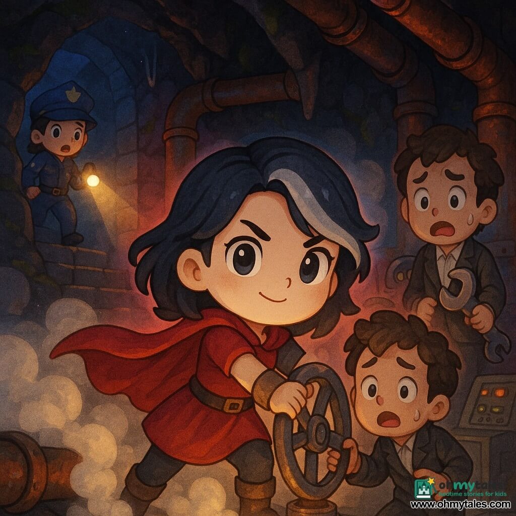 26-year-old woman with midnight hair and a silver streak, short red cape fluttering, discreet boots and a glowing bracelet, determined face, bright eyes and a resolute smile, firmly holding a large metal valve to stop it turning; ~30-year-old engineer in a dark oil-stained suit, guilty surprised expression, holding a large wrench and stepping back to the heroine’s right; ~45-year-old director in a pale immaculate suit, shocked, standing by a console in the background trying to hide papers; ~35-year-old policewoman in a blue uniform with a flashlight arriving down stone stairs from the left to secure the scene; setting: large cavern beneath a city bridge with black rock walls covered in green lichen, sparkling stalactites, thick rusty metal pipes, hot vapors forming soft clouds, red and blue emergency lights casting sharp shadows; main situation: tense heroic confrontation — the woman stops activation of a secret power network by preventing a giant valve from turning while engineers and the director react, rendered as a dynamic, colorful, cute chibi scene.