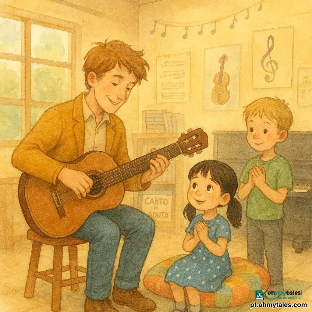 Um professor de música sorridente e afável, cabelo castanho-claro despenteado, veste casaco de lã mostarda e jeans, sentado num banquinho de madeira afinando um velho violão marrom gasto, com olhar concentrado e mãos calmas; à sua esquerda, uma menina de cerca de 8 anos, cabelos pretos em maria-chiquinha, vestido azul de bolinhas brancas, sentada num grande almofadão colorido, olhos maravilhados e mãos juntas como se ouvisse um segredo; à direita, um pouco atrás, um menino de cerca de 9 anos, cabelos loiros curtos, camiseta verde e calças cinza, aplaudindo suavemente com sorriso tímido; a sala de música escolar é acolhedora, com grandes janelas que deixam entrar luz dourada do fim de tarde, paredes amarelo-pálido com cartazes de notas e instrumentos, estantes de madeira com partituras, um canto de escuta com almofadas coloridas e fones grandes, um piano vertical preto e guirlandas de notas de papel; cena tranquila de ensaio antes do concerto, atmosfera suave em tons pastel aquarelados, texturas de papel visíveis e luz quente filtrada.
