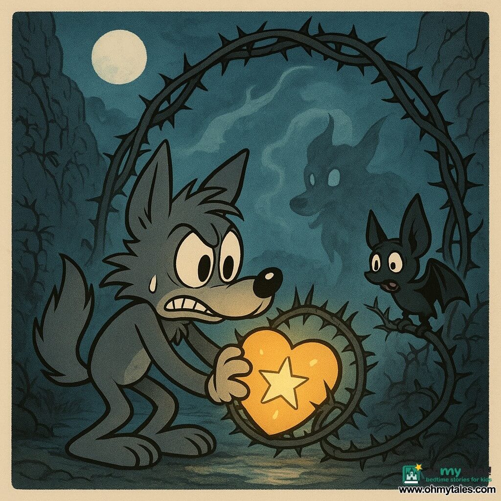 The main character is a small gray wolf with big ears, tousled fur and wide frightened eyes but a determined jaw, holding a glowing starry heart‑egg wrapped in a crown of thorns and pushing it into a circular black thorn-arch; a secondary character, Soot the small black bat with partially folded wings, perches on a thorny branch to the wolf’s right, worried but encouraging; another secondary figure, the Listener, is an ethereal elongated canine of smoke-gray fur and pale empty eyes, floating menacingly in the mist behind them. The scene is a narrow ravine at night with stone walls draped in thorny vines, damp ground and creeping white fog; the heart’s light pulses, thorns loosen, the mist and the smoky creature recoil, lit by the star’s glow and a pale moon in cool blues and grays with warm gold accents around the heart.