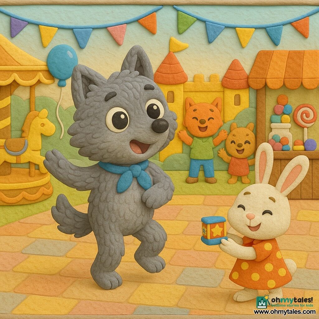 Wally, a small gray wolf with textured clay-like fur, joyful wide eyes and a smiling mouth, frozen mid-twirl with one paw raised and a shiny blue ribbon around his neck; Bella, a small white bunny with large pink ears and a polka-dot dress, grinning mischievously and holding a colorful music box to Wally's right; two village children made of clay (a fox and a squirrel) gently applaud in the background near a red-and-yellow bounce castle; the scene is a low-relief carnival square with multicolored flags, shiny balloons, garlands, wooden candy stalls, a golden carousel on the left, and a pastel tiled floor; main action shows a statues game: Wally frozen like a statue at center, music stopped, soft light, joyful colorful atmosphere, visible modeled textures, simple rounded shapes suitable for toddlers.