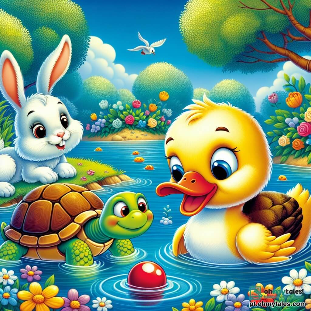 Um pato alegre chamado Pipo, com penas amarelas brilhantes e um bico laranja, nada em um lago azul cintilante, com os olhos brilhando de excitação enquanto procura sua bolinha vermelha. Ao seu lado, uma tartaruga chamada Tuca, com uma carapaça verde e olhos suaves, observa atentamente o pato, pronta para ajudá-lo em sua busca. Um coelho chamado Roni, com pelagem branca e orelhas grandes, está sentado na margem, pulando de impaciência, pronto para se juntar aos amigos na procura. O cenário é encantador, com flores coloridas ao redor do lago, árvores majestosas balançando suavemente ao vento e um céu azul salpicado de nuvens fofas. A cena captura o momento em que Pipo, Tuca e Roni se reúnem para procurar a preciosa bolinha vermelha, cheios de esperança e amizade.