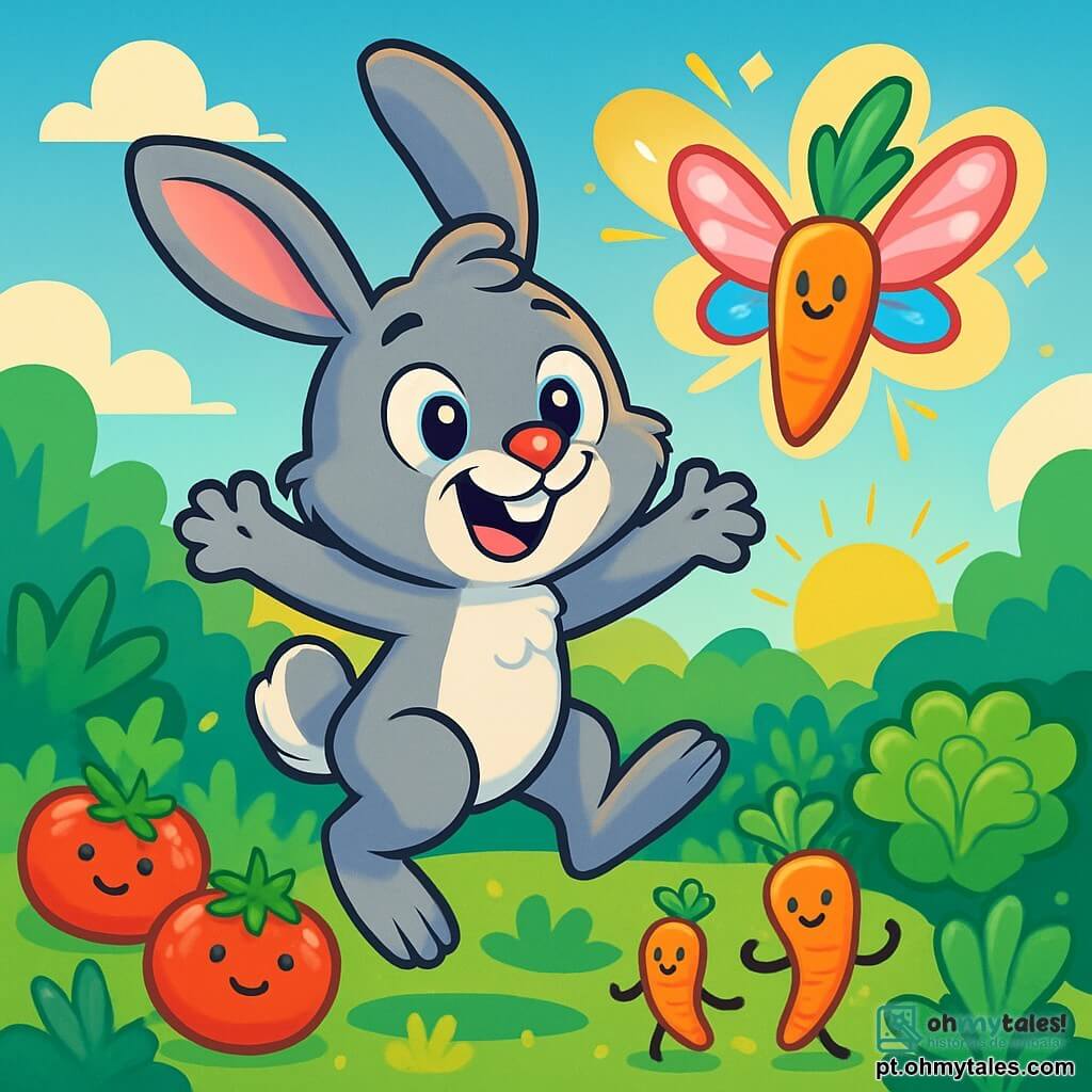 Um coelho travesso chamado Bartolomeu, com grandes orelhas e pelagem macia e cinza, salta alegremente em um jardim vibrante de cores, com um sorriso maravilhado no rosto. Ao seu lado, uma cenoura voadora, brilhante e colorida, com asas cintilantes como borboletas, dança no ar, emitindo luzes vivas e alegres. O jardim é um lugar mágico, cheio de legumes dançantes: tomates vermelhos espumantes, cenouras laranjas que fazem piruetas e alfaces verdes que cantam sob o sol dourado. Bartolomeu e a Cenoura Voadora estão no centro dessa cena alegre, cercados de risos e música, prontos para viver uma aventura incrível.