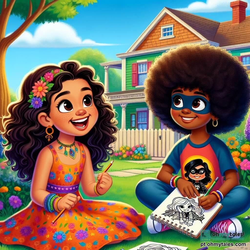 No primeiro plano, uma menina de 10 anos, Maria, com cabelos castanhos e cacheados, usa um vestido colorido e um grande sorriso no rosto. Cheia de energia e entusiasmo, ela segura um caderno de desenhos, pronta para compartilhar suas ideias criativas. Ao lado dela, Lúcia, outra menina de 10 anos, com cabelos negros e crespos, veste uma camiseta com estampas de super-heróis. Com um olhar tímido, mas determinado, ela também segura um caderno cheio de desenhos de seus personagens de quadrinhos. O cenário é um jardim ensolarado, com flores coloridas e árvores verdes. Ao fundo, há uma casa acolhedora com uma cerca de madeira, simbolizando um bairro amigável. A cena mostra Maria e Lúcia sentadas na grama, trocando ideias e rindo juntas, ilustrando sua amizade e paixão pelo desenho, celebrando a tolerância e a criatividade.