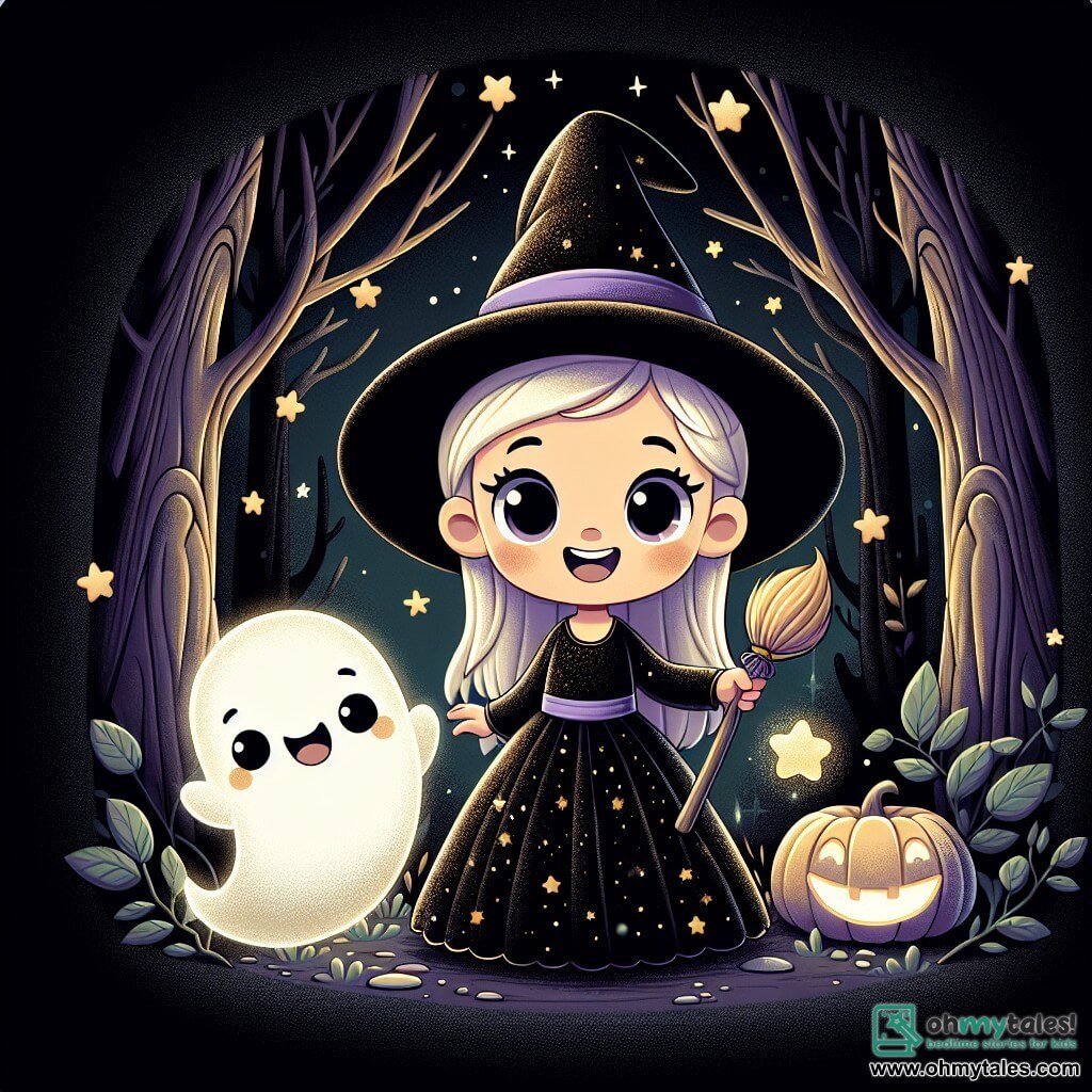A 5-year-old girl named Lily stands at the center of the scene, smiling and full of enthusiasm. She wears a sparkling witch costume with a black dress and golden stars, a pointed hat adorned with a purple band, and holds a small wooden broom. Her eyes shine with curiosity and excitement as she looks around. Next to her, a friendly ghost named Casper floats joyfully. He has a smiling face and round eyes, and is translucent with soft edges, adding a touch of magic to the scene. In the background, a mysterious forest looms with large, gnarled trees and leaves shimmering in the moonlight. Shadows dance among the trees, creating a magical yet slightly eerie atmosphere. The main scene shows Lily and Casper in front of a large, glowing pumpkin in the center of a clearing, illuminated by a soft golden light. The pumpkin has a smiling face and seems to invite them to discover its magical treasure, while stars twinkle in the night sky, enhancing the enchanted ambiance of this Halloween night.