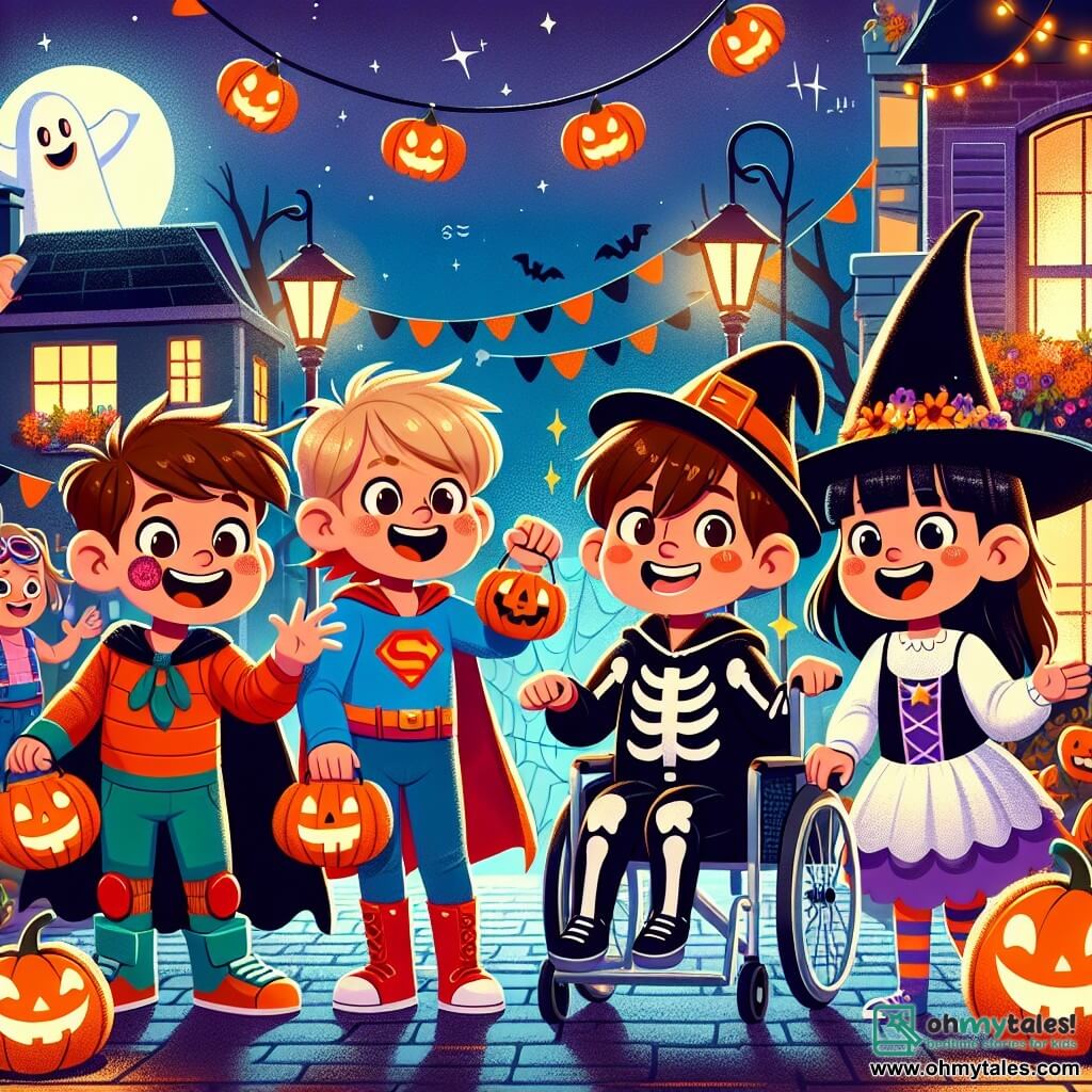 In a street decorated for Halloween, four friends stand together. Max, an 8-year-old boy with messy brown hair in a red superhero costume, smiles enthusiastically. Next to him, Leo, a 7-year-old boy with blonde hair in a pirate costume, strikes a brave pose with his plastic sword. Sam, a 9-year-old girl with brown hair in a pretty witch costume, laughs joyfully from her wheelchair. Finally, Oliver, an 8-year-old boy with black hair in a ghost costume, dances while waving his arms. 

The scene takes place in a lively street illuminated by pumpkin-shaped lanterns and ghost garlands hanging from the trees. The houses are adorned with spider webs and spooky decorations, creating a magical yet slightly mysterious atmosphere. 

The friends are about to knock on the door of a dark house where a large friendly ghost awaits them with a smile. They are all excited and a bit nervous, but their friendship makes them brave.