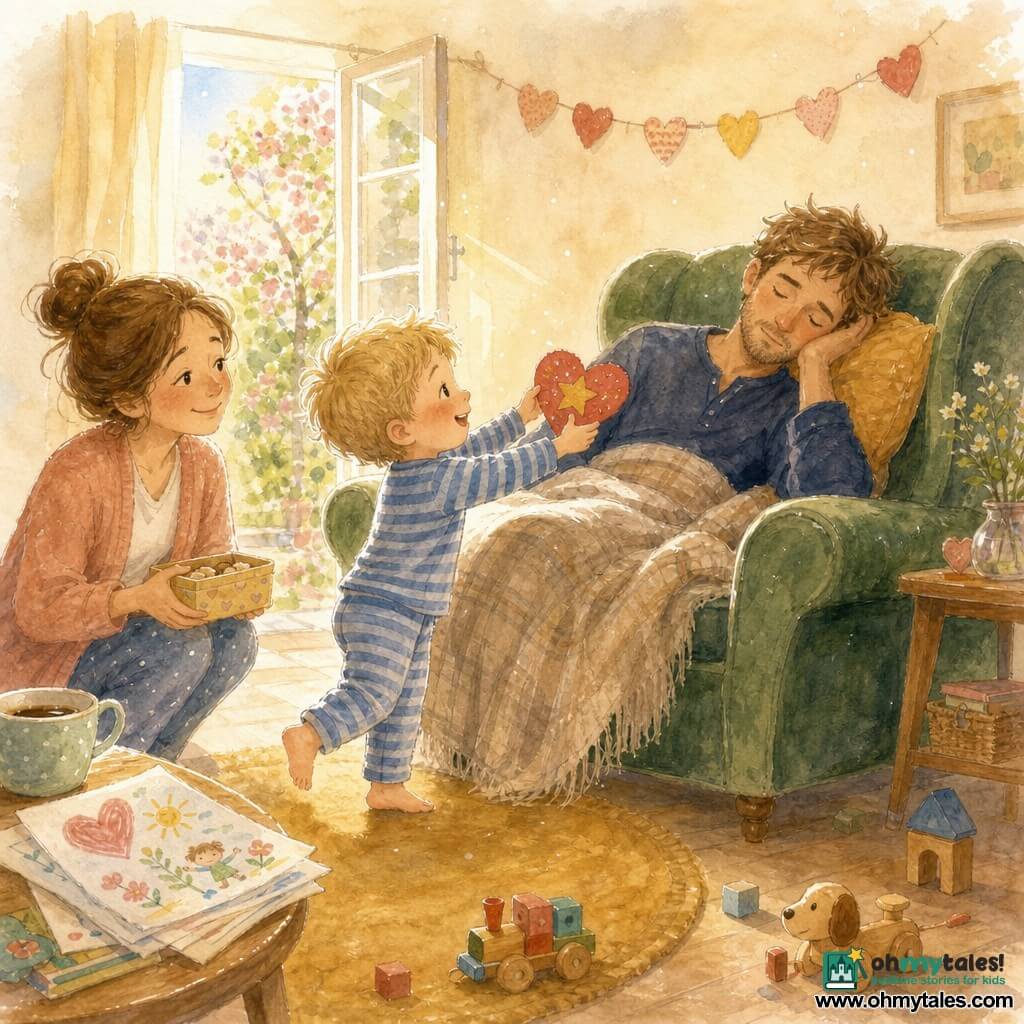 A tender morning scene: a 4-year-old blond boy with rosy cheeks in blue-and-white striped pajamas stands on tiptoe in the foreground, smiling and holding a red paper heart with a large yellow sticker toward his sleeping father; the father, about 35, with light stubble and messy brown hair, sleeps in a green velvet armchair under a soft blanket with one hand on a pillow; the mother, about 32, with chestnut hair in a bun, crouches nearby holding a small cookie tin and smiling; the cream-walled bedroom bathed in golden morning light has a mustard round rug, an open window showing a flowered garden, a garland of hearts, scattered wooden toys, a stack of children's drawings, and a half-empty coffee cup; warm pastel watercolor tones with soft lines and white highlights convey a quiet, loving moment.
