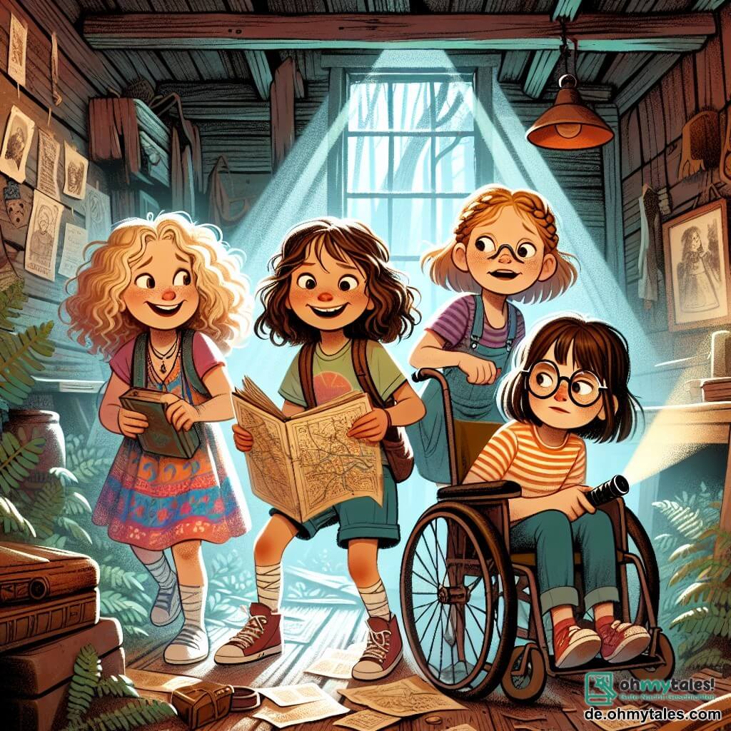 Vier Freundinnen, alle etwa 10 Jahre alt, stehen in einer alten Holzhütte mitten in einem grünen Wald. Leni, mit ihren lockigen blonden Haaren, trägt ein buntes Kleid und lächelt fröhlich, während sie eine alte Karte hält. Mia, mit glatten braunen Haaren, beugt sich über ein altes Buch, ihre Brille rutscht von der Nase, und sie sieht nachdenklich aus. Sara, sportlich mit Zöpfen und einem gestreiften T-Shirt, schaut neugierig umher, bereit zum Erkunden. Emma, die Mutigste, sitzt im Rollstuhl, hat braune Haare und eine Brille und hält eine Taschenlampe, die den dunklen Raum erhellt.

Die Hütte ist staubig und voller alter Gegenstände, mit Spinnweben in den Ecken. Lichtstrahlen fallen durch die zerbrochenen Fenster und beleuchten vergessene Erinnerungen, wie eine alte Spieluhr und vergilbte Fotos an den Wänden.

Die Mädchen entdecken ein Geheimnis: Sie haben eine alte Spieluhr gefunden, die eine sanfte und fesselnde Melodie spielt, und sie sind dabei, eine Karte zu entschlüsseln, die sie zu einem versteckten Schatz im Park führen könnte. Auf ihren Gesichtern spiegeln sich Aufregung und Abenteuerlust, während sie sich darauf vorbereiten, das Rätsel gemeinsam zu lösen.