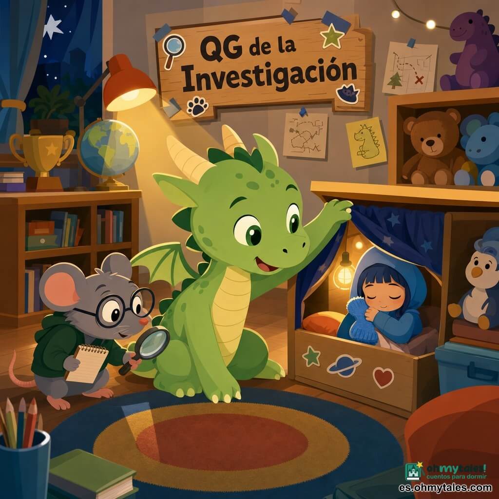 Un pequeño dragón verde claro de aspecto infantil con alas y cuernos diminutos, expresión sorprendidamente amable, extiende una pata hacia una caja de juguetes donde, tras una cortina, duerme Mimi, una niña diminuta con capucha azul y un calcetín pelucheado; a la izquierda, Lolo, una rata gris con gafas redondas y lupa, observa curioso; todo en una habitación infantil convertida en cuartel general con suelo de madera, alfombra redonda, estanterías bajas con peluches, luz cálida de mesita y un cartel “QG de la Investigacion”, momento de descubrimiento cálido y amistoso con luz dorada.