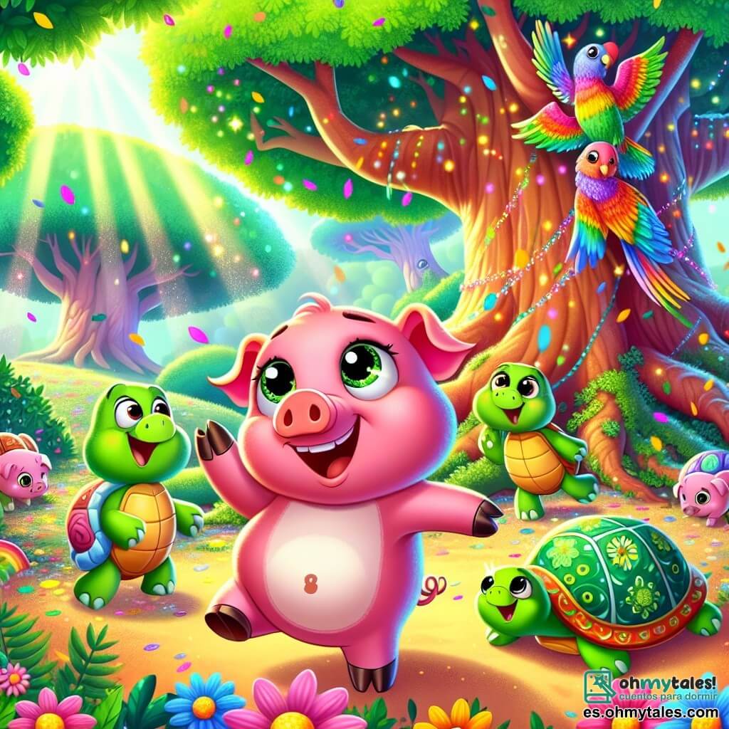 Un cerdo alegre llamado Pipo, con un pelaje rosa brillante y ojos llenos de curiosidad, baila con entusiasmo bajo un gran árbol. Tiene una amplia sonrisa y sus pequeñas orejas apuntan hacia el cielo, mientras gira sobre sí mismo, con las patas levantadas en el aire. A su lado, una tortuga llamada Tula, con un caparazón verde decorado con patrones coloridos, lo observa con una mirada divertida, sus ojos redondos brillando de alegría. Ella se encuentra sobre una piedra, ligeramente apartada, moviendo las patas al ritmo de la música. Al fondo, un loro colorido llamado Lolo, con plumas rojas, amarillas y azules, vuela en círculos, cantando alegremente. La escena se desarrolla en un bosque encantado, rodeado de grandes árboles de hojas verdes y un suelo cubierto de flores multicolores. Rayos de sol se filtran a través de las ramas, creando destellos de luz en el aire. En el centro de la imagen, Pipo y sus amigos celebran una fiesta alegre, bailando y riendo juntos, rodeados de sombreros coloridos que vuelan por el aire, ilustrando el espíritu de amistad y felicidad compartida.