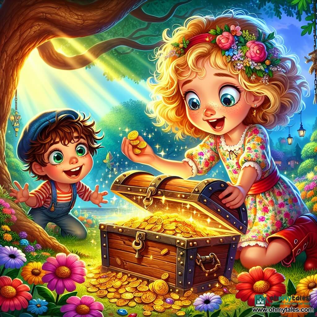 An 8-year-old girl with curly golden hair and sparkling curious eyes stands in front of an old wooden chest, her face lit up with excitement. She wears a colorful flower dress and red boots, and she is opening the chest with trembling hands in anticipation. Next to her, a 7-year-old boy with messy brown hair and a blue cap looks on with wide eyes, holding a piece of golden chocolate in his hand. They are in a lush garden filled with vibrant wildflowers, with a grand oak tree in the background, its branches stretching out like protective arms. The scene captures the magical moment they discover the hidden treasure, the chest overflowing with golden coins and sparkling objects, as a sunbeam illuminates their find, creating an atmosphere of joy and adventure.