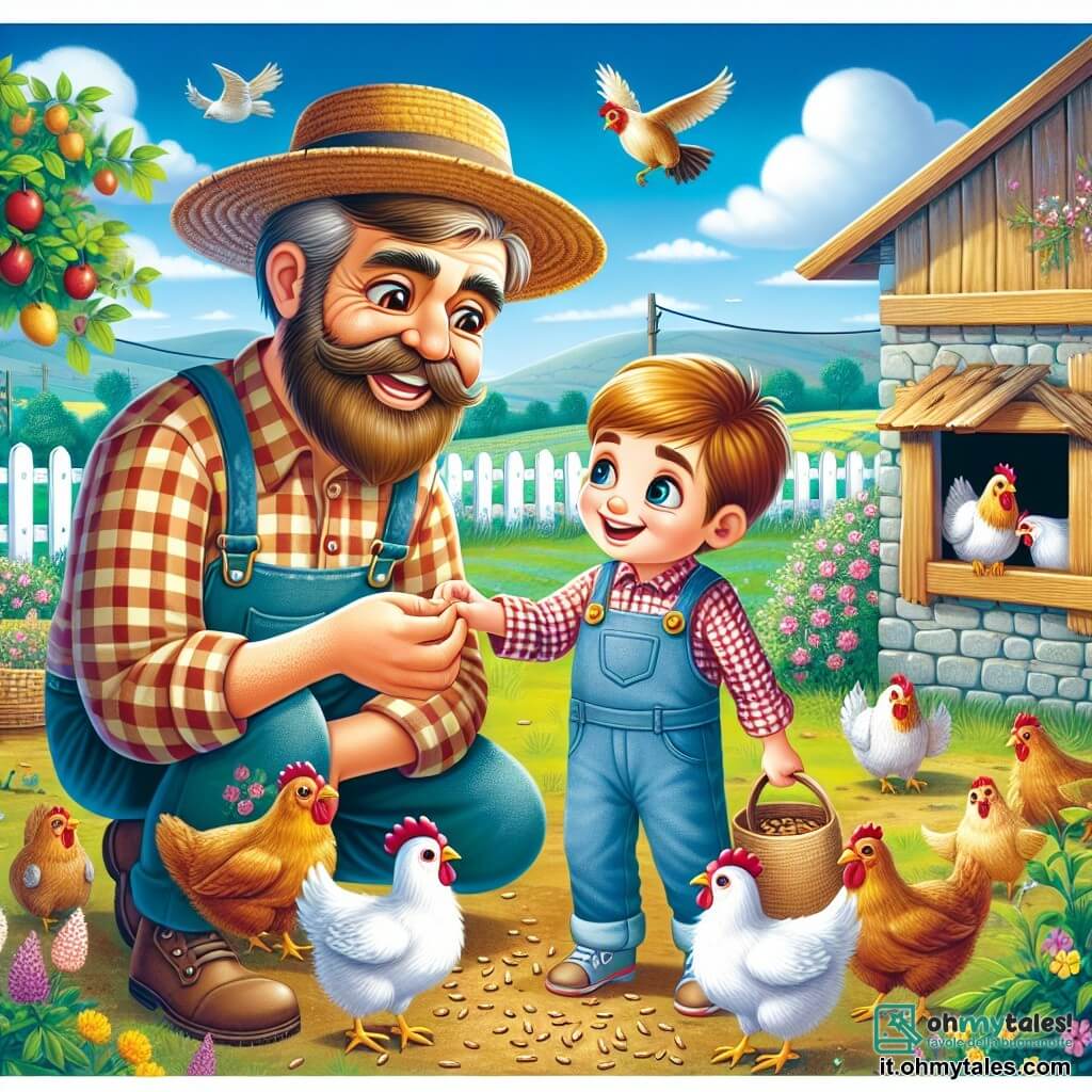 Un agricoltore di circa cinquant'anni, sorridente e caloroso, con barba castana e occhi brillanti, indossa una camicia a quadri e un cappello di paglia. Sta mostrando a un giovane ragazzo, Luca, di circa 10 anni, con capelli castani e occhi curiosi, come nutrire le galline nel pollaio. Luca, entusiasta, tiene un sacchetto di semi e si avvicina alle galline con un grande sorriso. La scena si svolge in una fattoria colorata, circondata da campi verdi sotto un cielo blu brillante, con alberi da frutto in fiore e fiori selvatici che aggiungono tocchi di colore. Il pollaio di legno, con finestre aperte, mostra galline che beccano allegramente il terreno. L'agricoltore insegna a Luca l'importanza di prendersi cura degli animali, mentre le galline si avvicinano curiose e felici, creando un'atmosfera di gioia e apprendimento nella fattoria.