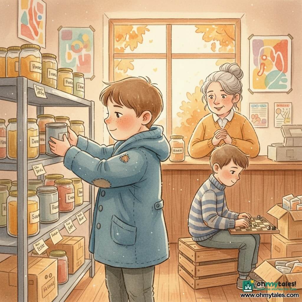 A 12-year-old boy with a round face, light freckles and short chestnut hair looks tenderly and attentively as he places a tin can on a shelf; he wears a worn blue coat. Behind a wooden counter, a woman in her 50s with gray hair in a bun, gentle eyes and a warm smile watches him with gratitude. Another 12-year-old boy, Jake, in a slightly torn striped sweater, sits on a wooden crate beside the main boy playing checkers on a small board between them. The bright small room has metal shelves filled with labeled boxes and jars, colorful posters, stacked cartons and a large window letting in soft autumn light. The scene captures solidarity as the boy helps stock a food bank while the manager greets him and a child plays nearby; the mood is warm, attentive and serene. Dominant colors are warm ochre, brown and orange with touches of soft blue and green; visible textures include crumpled paper, handwritten labels and worn fabric. Style: light watercolor with fine contours and white gel-pen highlights, readable facial expressions and gentle gestures.