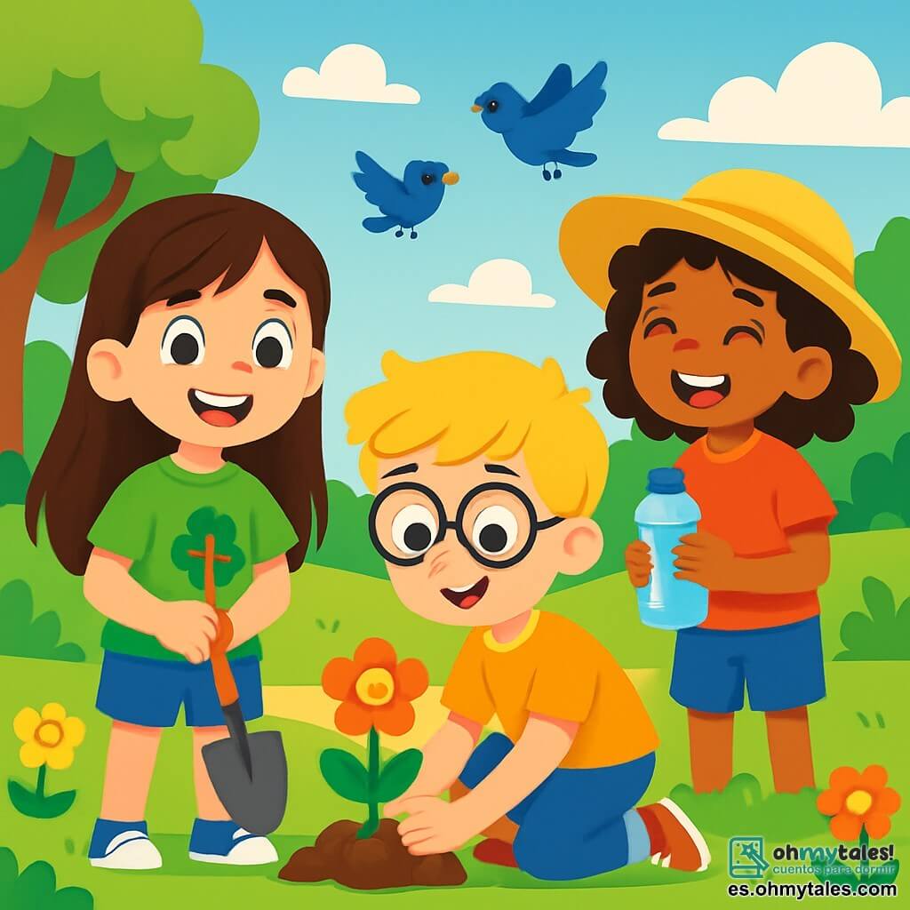 Una niña de 8 años, Clara, con largos cabellos castaños y ojos llenos de curiosidad, sonríe alegremente mientras sostiene una pequeña pala en sus manos. Lleva una camiseta verde brillante con un dibujo de un árbol y un short de mezclilla. A su lado, su amigo Lucas, un niño de 8 años con cabello rubio y gafas redondas, se arrodilla para plantar una flor colorida en el suelo. Ana, otra amiga de 8 años con cabello rizado y un sombrero de paja, sostiene una botella de agua y los anima con una gran sonrisa. La escena tiene lugar en un parque soleado, lleno de vegetación exuberante, flores coloridas y majestuosos árboles. El cielo es azul con algunas nubes blancas esponjosas, y los pájaros vuelan alegremente sobre ellos. Clara y sus amigos están plantando flores para embellecer el parque y ayudar a la naturaleza, riendo y divirtiéndose juntos. La atmósfera es alegre y llena de energía, mostrando su entusiasmo por proteger el medio ambiente.