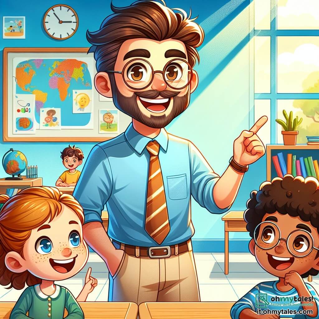 Un insegnante sorridente, Mister Luca, un uomo di circa trent'anni con capelli castani e occhiali rotondi, si trova al centro della classe. Indossa una camicia blu e pantaloni beige, e il suo viso irradia gioia ed entusiasmo mentre spiega il gioco della caccia al tesoro ai bambini. Sofia, una ragazza di 8 anni con capelli ricci e un grande sorriso, è seduta al suo banco, alzando la mano con eccitazione per fare una domanda. Accanto a lei, Tommaso, un ragazzo di 9 anni con occhiali e lentiggini, guarda attentamente Mister Luca, pronto a condividere le sue idee. La scena si svolge in un'aula luminosa, decorata con disegni colorati appesi alle pareti, con banchi di legno e una grande finestra che lascia entrare la luce del sole. I libri sono impilati su uno scaffale, e una grande mappa del mondo è appesa dietro Mister Luca. La situazione principale mostra Mister Luca che spiega con entusiasmo il gioco della caccia al tesoro, mentre i bambini, catturati, si preparano a partire per l'avventura, pieni di eccitazione e curiosità.