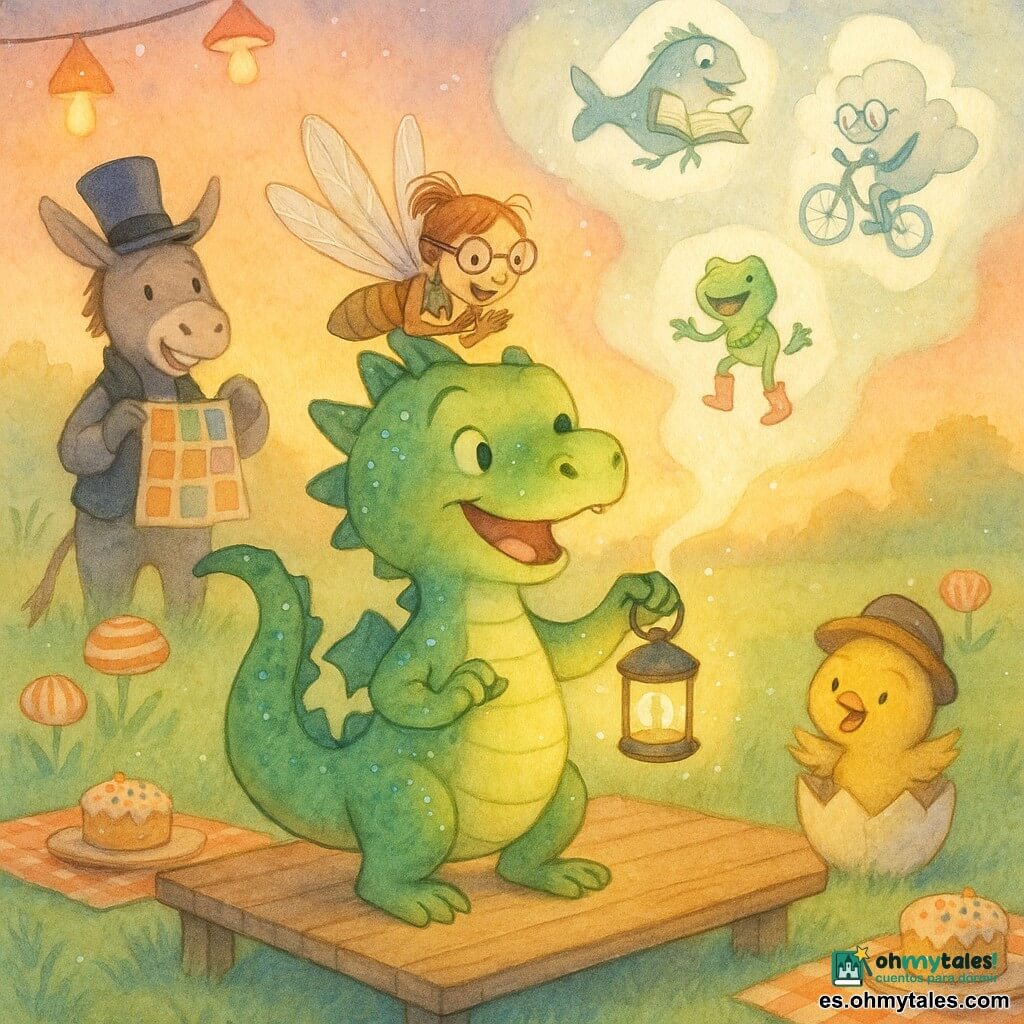 Drilo, un pequeño dragón alegre de escamas verde manzana y puntos azules, enciende en una tarima una minilámpara que proyecta escenas cómicas en humo; Lila, una libélula con gafas y un minicuaderno, aplaude desde su hombro derecho; a la izquierda, un vendedor de burritos —un burro con sombrero de copa— sostiene cartas coloridas y sonríe; junto a la tarima un pollito sale de un huevo en pose cómica; todo ocurre en un prado al atardecer con hierba suave, flores rayadas, guirnaldas entre hongos y mantas con mesas bajas, mientras la multitud de criaturas ríe y señala.