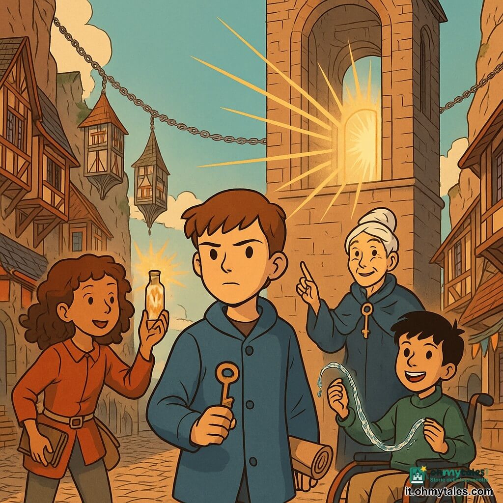 Ci sono quattro personaggi: Aurelio, ragazzo di 12 anni, capelli castani corti, volto serio, cappotto blu semplice, tiene una piccola chiave di bronzo nella mano destra e una mappa arrotolata sotto il braccio, al centro; Mira, ragazza di 12 anni, capelli castani ricci, taccuino alla cintura, porta una piccola fiala di vetro con un raggio di luce dorata, a sinistra di Aurelio, leggermente inclinata verso il campanile; Nadir, ragazzo di 12 anni, capelli neri, sorridente, su una sedia a rotelle decorata in rame, tiene un filo d'acqua su un nastro di seta che luccica, a destra di Aurelio; Ligeia, donna anziana coi capelli bianchi raccolti, cappotto blu profondo e una spilla a forma di chiave sul petto, appoggiata presso il grande muro del campanile sullo sfondo, sguardo benevolo e mano che indica il quadrante vuoto. Luogo: un campanile alto e slanciato senza campane con un grande quadrante circolare vuoto in cima; la città è sospesa tra due scogliere, case di legno e vetro appese a catene d'argento scintillanti, tetti spioventi, bandiere colorate, botteghe e selciato illuminati da una luce dorata di mezzogiorno, cielo verde-azzurro, ombre nette. Situazione: i tre ragazzi presentano al campanile una fiala con un raggio di sole, un filo d'acqua su nastro di seta e la piccola chiave di bronzo; la ragazza porge la fiala, il ragazzo centrale mostra la chiave, il ragazzo in carrozzina tiene il filo d'acqua; una porta di luce inizia ad aprirsi nel quadrante vuoto con raggi caldi che filtrano, composizione dinamica, espressioni concentrate ed emozionate, tono d'avventura, luci calde e toni legnosi per la città.
