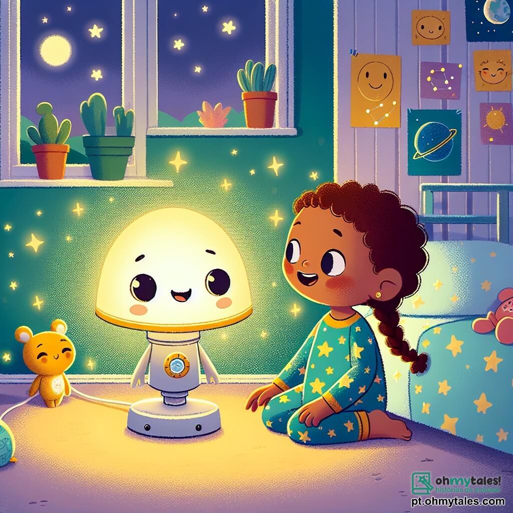 Um pequeno abajur chamado Lumin, com uma base redonda e um abajur amarelo brilhante, brilha suavemente em um quarto infantil. Ele tem uma expressão alegre, mas um pouco nervosa, suas pequenas lâmpadas cintilando como estrelas. Ao lado dele, uma menina chamada Ana, com cabelos castanhos trançados e um pijama azul com estrelas, observa Lumin com um sorriso tranquilizador, seus olhos brilhando de admiração. Ela está sentada em sua cama, cercada por pelúcias coloridas, e parece tranquila pela luz de Lumin. O quarto é decorado com paredes em tons pastéis, com pôsteres de planetas e constelações, e uma janela aberta deixa entrar a suave luz da lua. A cena principal mostra Lumin iluminando o quarto, enquanto Ana, com um olhar curioso, descobre que as sombras dançam nas paredes, transformando seu medo do escuro em uma aventura mágica.
