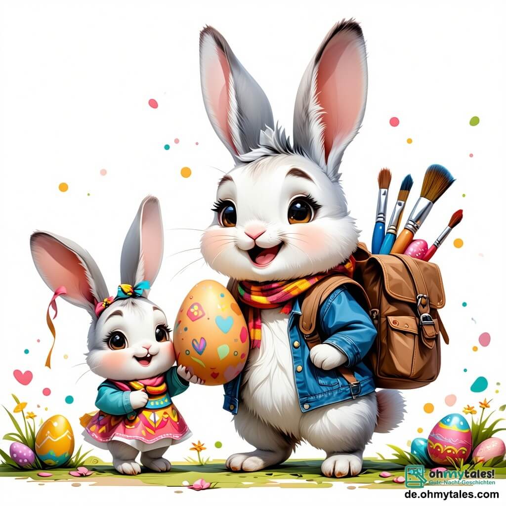 Max, der kleine Osterhase, ist ein bezaubernder Charakter mit weichem, flauschigem Fell, großen aufrechten Ohren und funkelnden Augen vor Aufregung. Er trägt einen kleinen Rucksack voller Pinsel und leuchtender Farben und lächelt fröhlich, während er ein bunt bemaltes Holz-Ei hält. Neben ihm ist Lila, seine kleine Schwester, ein Hase mit seidigem Fell und strahlenden Augen, die vor Freude hüpft und ein goldenes Ei in ihren Pfoten hält. Sie hat ein großes Lächeln im Gesicht, voller Begeisterung und Neugier. Die Szenerie ist ein strahlender Frühlingsgarten, gefüllt mit bunten Blumen, schwirrenden Schmetterlingen und blühenden Bäumen, unter einem hellblauen Himmel mit flauschigen weißen Wolken. Die Hauptszene zeigt Max und Lila, die Ostereier bemalen, umgeben von leuchtenden Farben und Lachen, während die Sonne fröhlich auf ihre fröhliche Tätigkeit scheint.
