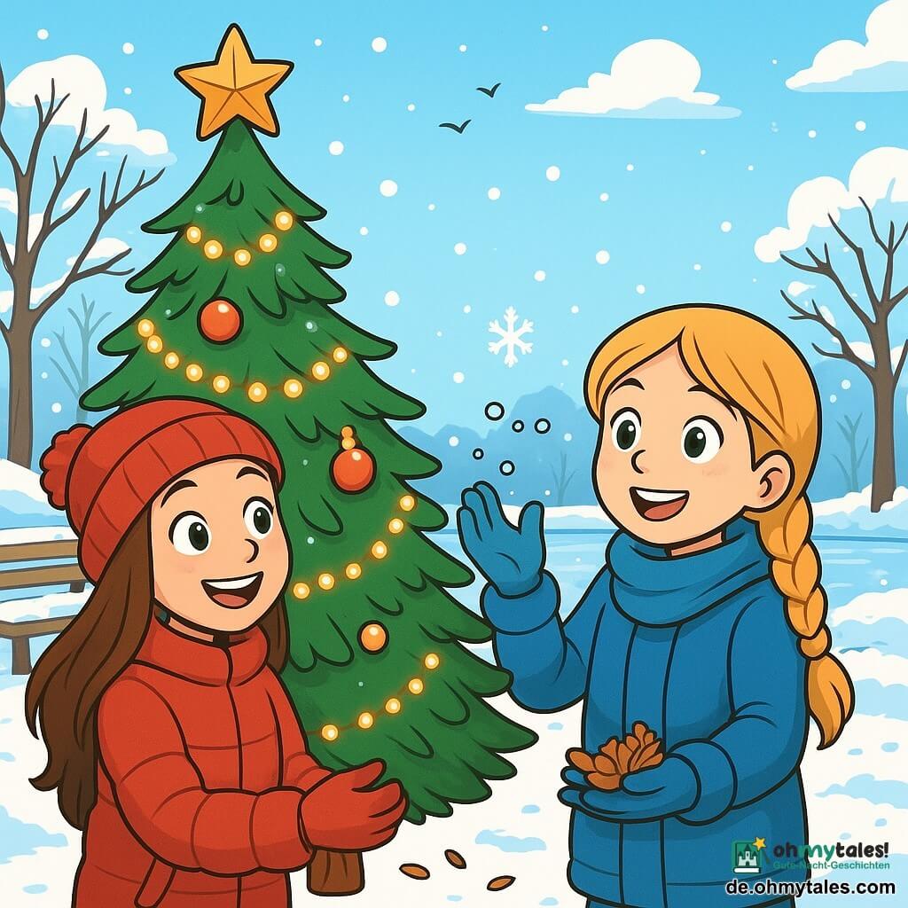Ein 10-jähriges Mädchen, Mia, mit langen braunen Haaren und rosigen Wangen, lächelt erstaunt, während sie einen großen, festlich geschmückten Weihnachtsbaum mit glitzernden Lichtern hält. Sie trägt eine dicke rote Jacke, eine Wollmütze und passende Handschuhe, ihre Augen leuchten vor Freude. Neben ihr steht ihre beste Freundin Lena, ebenfalls 10 Jahre alt, mit geflochtenem blonden Haar und einem strahlenden Lächeln, die sanft fallende Schneeflocken aufnimmt. Der Park ist eine wahre Winterlandschaft mit schneebedeckten Bäumen, mit Reif verzierten Holzbänken und einem hellblauen Himmel, der mit weißen Wolken gesprenkelt ist. In der Ferne spiegelt ein kleiner gefrorener Teich das Sonnenlicht wider, während Vögel fröhlich in der Luft fliegen. Mia und Lena sammeln Blätter und Samen, begeistert von der Schönheit der winterlichen Natur und kreieren eine Sammlung von Winterschätzen.