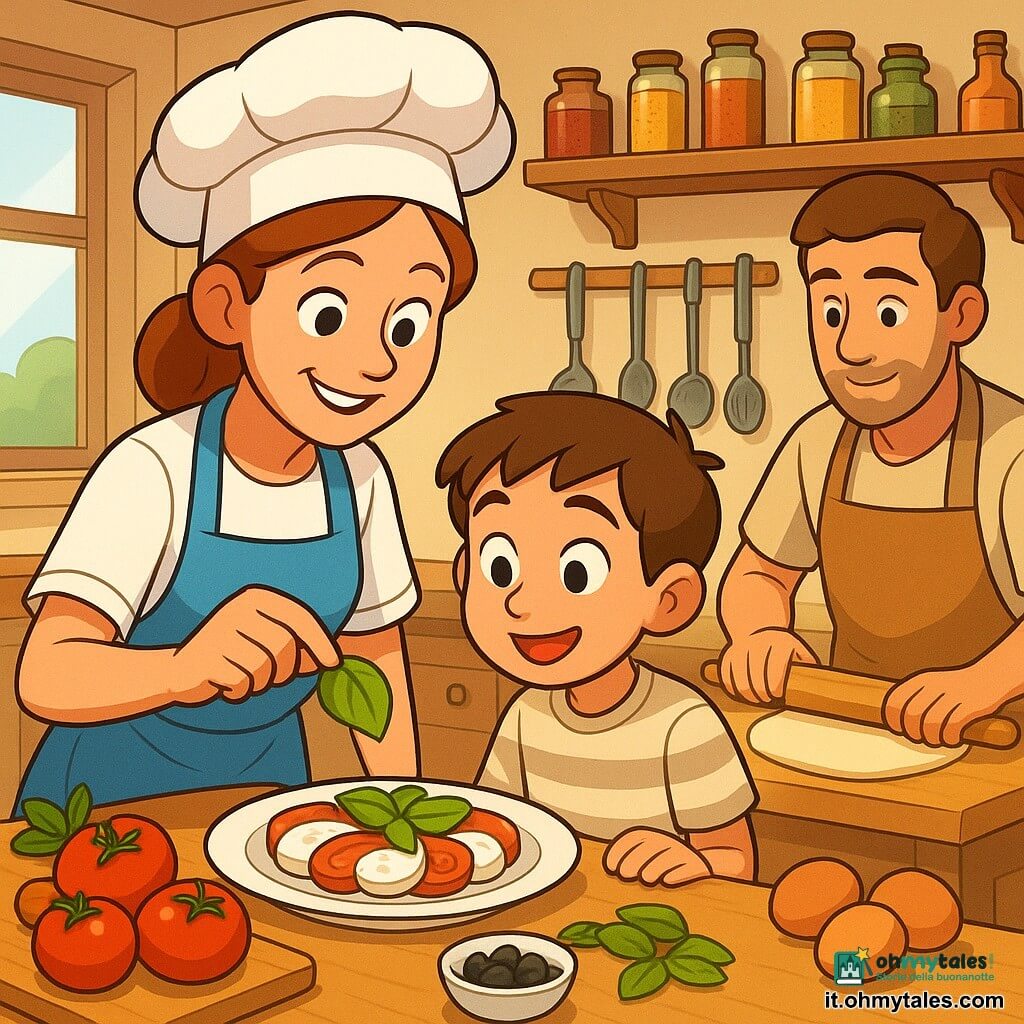 Una chef cuoca, Sofia, con un sorriso caloroso, indossa un grembiule blu e un cappello da chef bianco. Sta mostrando a un ragazzino come aggiungere una foglia di basilico su un piatto. Il bambino, di circa 7 anni, ha i capelli castani e indossa una maglietta a righe, guarda il piatto con meraviglia. Accanto a Sofia, Marco, un uomo sulla trentina, prepara una pasta frolla su un piano di lavoro in legno. La cucina è luminosa, con scaffali pieni di spezie colorate, utensili appesi e una grande finestra che lascia entrare la luce del sole. La scena principale mostra Sofia e il bambino concentrati sulla decorazione del piatto, con ingredienti freschi e colorati intorno a loro, creando un'atmosfera gioiosa e ispirante.