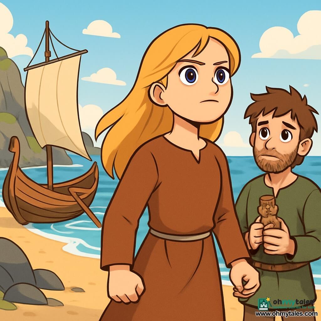 Signy, a young woman with long blonde hair wearing a brown wool tunic, stands on the beach with a determined look and a courageous expression. Her eyes shine with hope as she gazes at the calm sea before her. Beside her, Ulf, a 15-year-old boy with messy brown hair and a budding beard, stands slightly back, his features marked by concern but also gratitude. He holds a small carved wooden object in his hands, looking at Signy with admiration. The setting is a Nordic beach lined with steep rocks and gentle waves crashing on the shore. The sky is a light blue dotted with white clouds, and islands can be seen on the horizon, creating a peaceful yet mysterious atmosphere. The main scene shows Signy and Ulf preparing to board a small wooden boat, the Storm Gull, waiting on the sand. Signy adjusts the sail with determination while Ulf, a mix of excitement and nervousness, looks at the sea, ready to embark on an adventure to find his home.