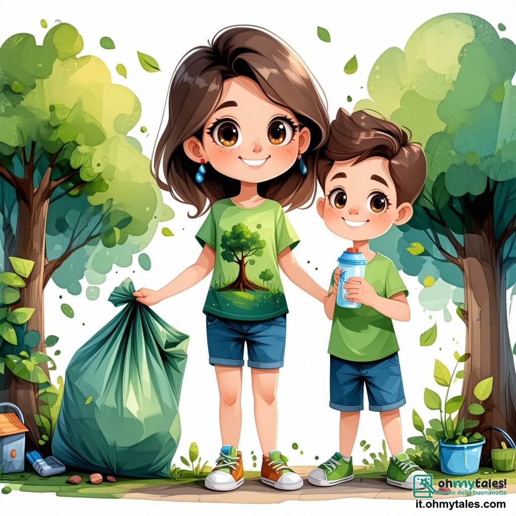 Una ragazza di 12 anni, Sofia, si trova al centro dell'immagine, con grandi occhi brillanti e capelli castani ondulati, indossando una maglietta verde con un disegno di albero e un pantaloncino di jeans. Sorride con determinazione, tenendo un sacchetto di rifiuti in una mano e un bicchiere di plastica nell'altra, mostrando il suo impegno per l'ambiente. Accanto a lei, il suo migliore amico, Luca, un ragazzo di 12 anni con capelli biondi corti e occhiali tondi, sta raccogliendo rifiuti con un grande sorriso, vestito con una maglietta blu e pantaloni rossi. Si piega leggermente, cercando un rifiuto nascosto nell'erba. Sullo sfondo, il parco di Verdonia è vibrante di colori, con alberi verdi, fiori vivaci e un cielo azzurro chiaro punteggiato di nuvole bianche. Famiglie e bambini giocano gioiosamente, mentre altri adulti si uniscono alla raccolta di rifiuti, creando un'atmosfera di cameratismo e impegno comunitario. La scena principale mostra Sofia e Luca in azione, circondati da sacchi di rifiuti, simboleggiando la loro lotta contro l'ansia climatica e il desiderio di rendere il mondo migliore.