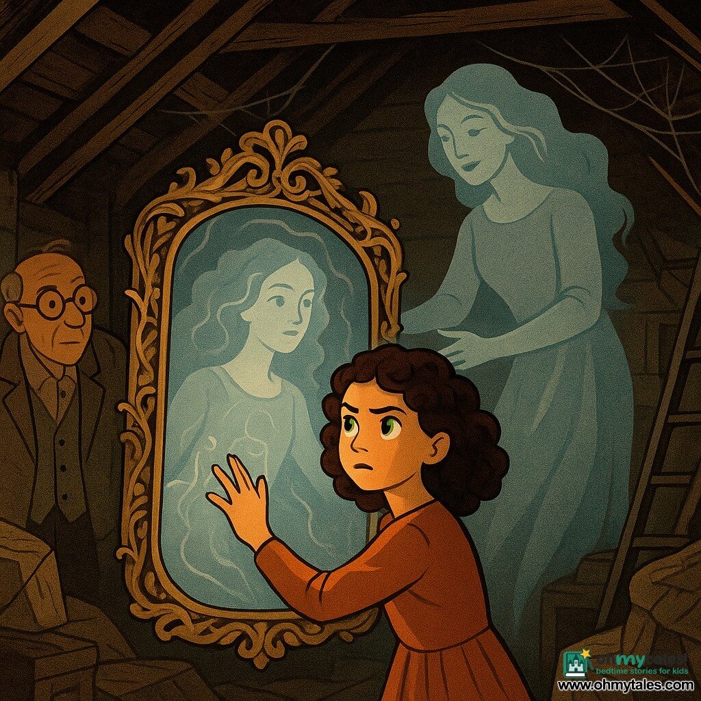 A 10-year-old girl with dark chestnut curly hair and bright green eyes, determined but slightly frightened, holds a large antique gilded mirror carved with vines and animals in a dusty attic. A spectral woman, Elara (about 30–40), moonlight-translucent in a floating pearl-gray dress, stands behind her, gently reaching toward the mirror. An elderly librarian in dusty tweed and round glasses watches from the attic entrance. The cluttered attic has dark beams, covered bundles, a metal ladder, and silvery cobwebs; slivers of light filter through. The mirror's surface is slightly blurred with silver-mist swirls that whisper, partially merging the reflections of the girl and Elara; the girl touches the mirror, activating a cold trembling glow—dark, mysterious, and slightly unsettling with strong contrasts and rich textures.