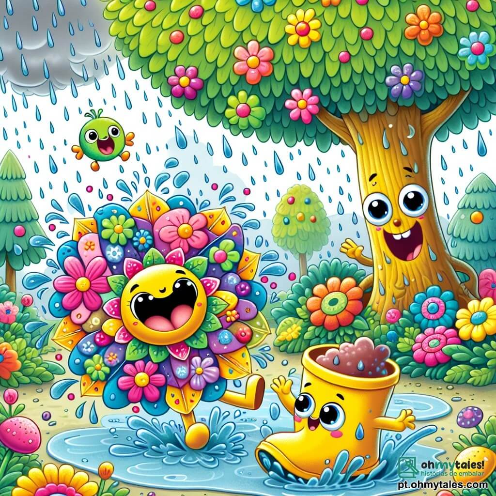 Pingo, um guarda-chuva colorido com padrões de flores e gotas de chuva, está no centro da imagem, sorrindo e dançando alegremente em uma grande poça d'água, suas pétalas brilhantes se abrindo sob a chuva. Ao lado dele, Chuca, uma bota de borracha amarela, está cheia de lama e pula com entusiasmo, seus olhos brilhando de alegria. Ao fundo, a árvore Falant, uma grande árvore com folhas verdes e olhos redondos, sorri balançando seus galhos, acrescentando um toque de magia à cena. O cenário é uma floresta encantada, com árvores coloridas, flores vibrantes e um céu cinza salpicado de gotas de chuva cintilantes. A situação principal mostra Pingo e seus amigos se divertindo juntos, espirrando água e rindo, criando uma atmosfera alegre e lúdica.