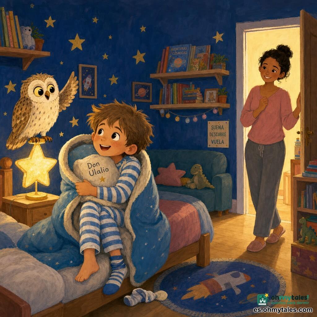 Un niño de 8 años, rostro redondo y cabello castaño claro despeinado, expresión alegre y maravillada, ojos grandes y brillantes, con pijama a rayas azules y blancas y un solo calcetín algo torcido; está sentado al borde de su cama envuelto en una manta, sujetando suavemente una almohada como un burrito. Un pequeño búho llamado Don Ulalio, plumaje crema con manchas marrones, ojos redondos y pícaros, posado en la lámpara junto a la cama, ala levantada como saludando, mirada amable y elegante. Una mujer adulta (la madre), unos 30–35 años, cabello recogido, sonrisa tierna, de pie en el umbral de la puerta de la habitación, silueta ligeramente iluminada por la luz del pasillo. Habitación infantil al crepúsculo, paredes azul noche con pegatinas de estrellas doradas, lámpara en forma de estrella encendida, estantes con libros de colores y un gran sofá al fondo, suelo de parquet claro y una pequeña alfombra junto a la cama. Escena principal: momento de acostarse cariñoso y divertido donde el niño habla educadamente al búho, con atmósfera cálida y tranquila, rasgos suaves y pinceladas de gouache visibles, paleta pastel (azules, ocres, rosas) con texturas de pintura apreciables.