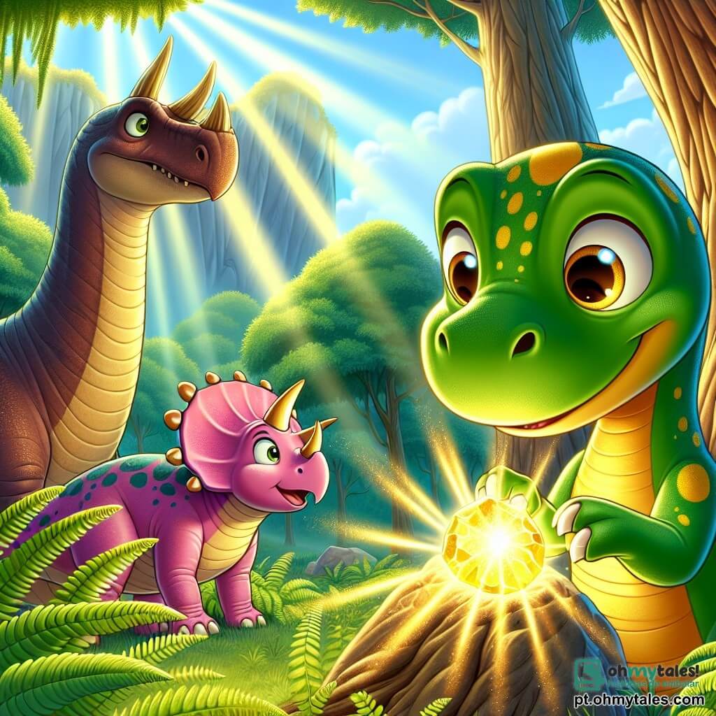 Um diplodoco chamado Dino, com pele verde e manchas amarelas, está no centro da cena, com os olhos brilhando de admiração e um grande sorriso no rosto. Sua longa cauda está enrolada em torno de uma árvore, enquanto ele toca uma pedra mágica cintilante com seu longo pescoço. Ao lado dele, Trina, uma tricerátopo com chifres majestosos e pele rosa, observa a pedra com curiosidade, seus grandes olhos redondos cheios de excitação. Rex, um jovem tiranossauro com pelagem marrom e dentes afiados, está um pouco mais atrás, com uma expressão cética, mas atenta, com as patas cruzadas. A cena ocorre em uma clareira ensolarada, cercada por grandes samambaias verdes e árvores de troncos grossos, onde raios de luz filtram através da folhagem, criando uma atmosfera mágica. Ao fundo, montanhas distantes acrescentam um toque de mistério ao cenário. Dino, maravilhado com a pedra mágica que brilha intensamente, tenta explicar a seus amigos como ela poderia ajudá-los a se comunicar e unir as diferentes espécies de dinossauros.