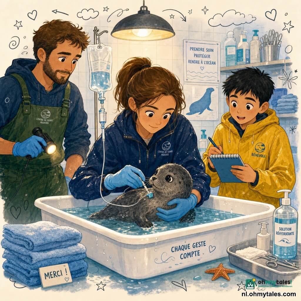 Een jonge vrouwelijke dierenarts met kastanjebruin haar in een paardenstaart, glimlachend maar geconcentreerd, in een donkerblauwe waterdichte overall met zoutvlekken en handschoenen, leunt over een ondiepe witte kunststof bak terwijl ze een jonge grijze zeehond vasthoudt; haar uitdrukking is zacht en geruststellend. Bij haar staat links een volwassen mannelijke vrijwilliger van circa 30 met baard en groene waterdichte broek, met een kleine lamp klaar om te helpen, en iets naar rechts en iets achter haar een ongeveer 12-jarige jongen met kort zwart haar en een grote gele vrijwilligersoverall, verwonderd, met een notitieboekje en pen. Binnen in een zeehulpcentrum zijn stapels natte handdoeken en metalen rekken met flesjes en instrumenten te zien, de ruimte heeft lichte betegelde wanden en een warme hanglamp die reflecties op het water werpt. De dierenarts onderzoekt de pup en geeft een rehydratiebehandeling met een kleine zichtbare infuuslijn; de handelingen zijn kalm en precies, de jongen noteert. Sproeiende druppels, kleine belletjes en speelse hartjes en geluidsgolven benadrukken zachtheid en aandacht; zachte verlichting, mariene kleuren (blauw, groen, accenten geel), jeugdillustratiestijl met licht getextureerde contouren en een warme, geruststellende sfeer.