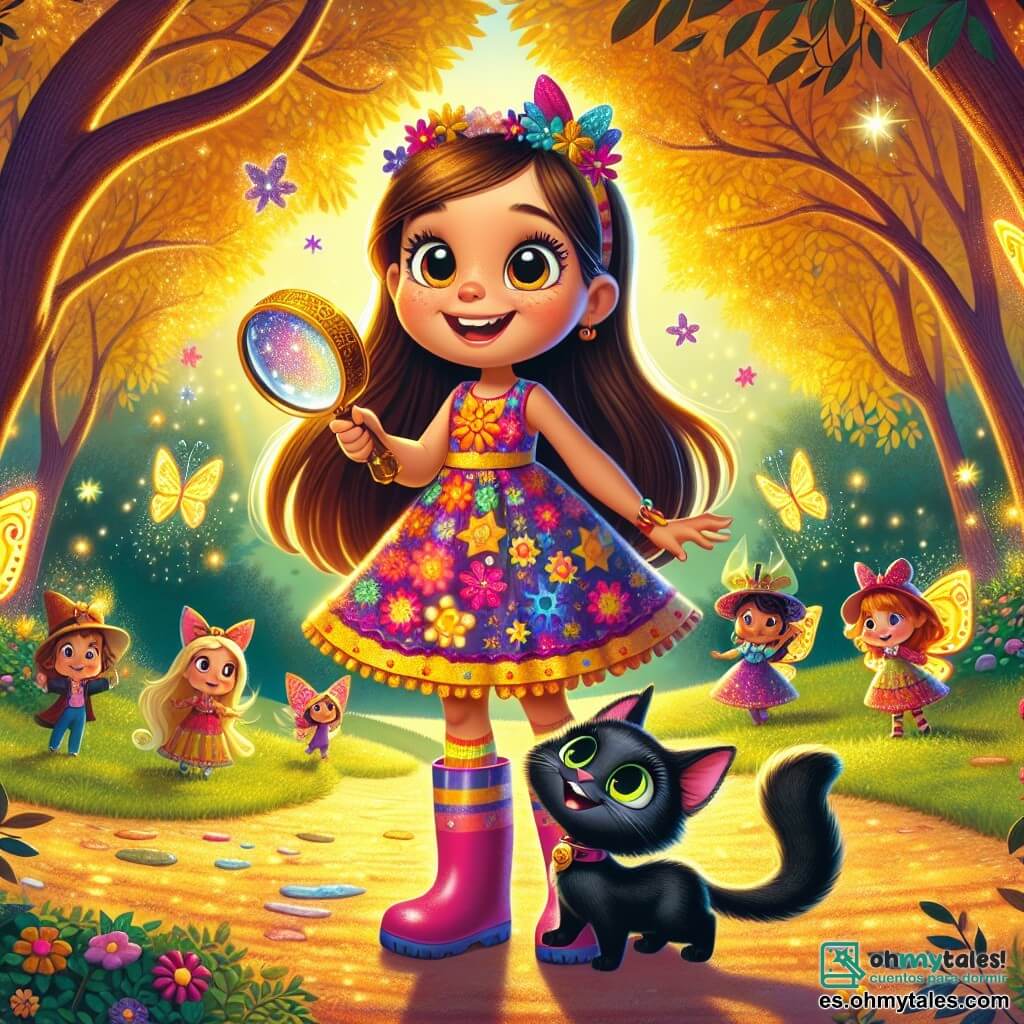 Una niña de 6 años, llamada Luna, con largos cabellos castaños y ojos curiosos, se encuentra en el centro de la imagen, sonriendo y maravillada, sosteniendo una gran lupa en su mano. Lleva un vestido colorido con motivos florales y botas de goma. A su lado, un gato negro llamado Momo, con ojos verdes brillantes, se frota contra su pierna, mostrando una expresión traviesa. En el fondo, un grupo de pequeños duendes con alas de mariposa, sombreros coloridos y sonrisas alegres, revolotean a su alrededor, iluminando el aire con su magia. La escena tiene lugar en un parque mágico, donde las sombras brillantes parecen cobrar vida bajo la luz de una fiesta. Luna y Momo, fascinados, descubren el secreto de las sombras brillantes, listos para ayudar a los duendes a celebrar el Día de la Luz.