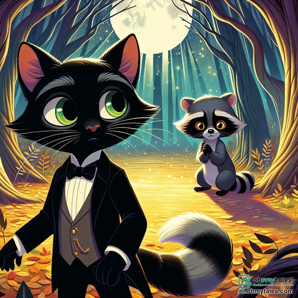 Felix, een elegante zwarte kat met glanzende vacht en sprankelende groene ogen, staat moedig in het midden van een betoverde open plek, zijn vastberaden blik verraadt een lichte bezorgdheid. Naast hem kijkt Remi, een klein wasbeer met een grote hoed en ondeugende ogen, aandachtig naar de schaduwen, zijn uitdrukking mengt nieuwsgierigheid en zenuwachtigheid. De scène speelt zich af in een mystiek bos, waar bomen met kromme stammen oprijzen naar een sterrenhemel, verlicht door een zilverachtige maan die een zachte gloed op de met gouden bladeren bedekte grond werpt. Sprankjes magie flonkerden in de lucht, wat een zowel magische als dreigende sfeer creëert. Felix en Remi bereiden zich voor om donkere silhouetten te confronteren die zich aftekenen in het maanlicht, klaar om een gestolen talisman terug te halen, symbool van bescherming voor hun stad.