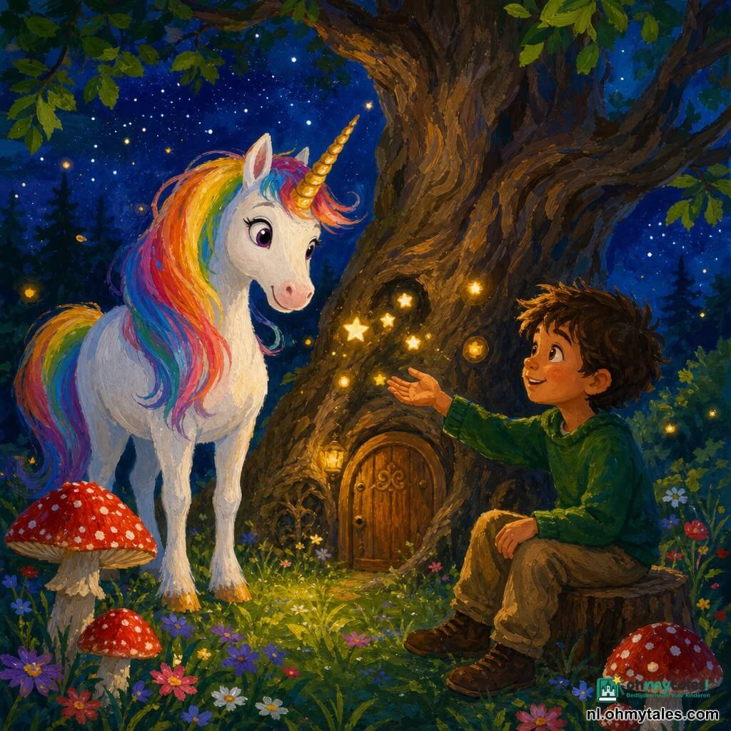 Een eenhoorn genaamd Luna, vrolijk en zelfverzekerd, met parelwit vachtje, regenboogmanen en een gouden gedraaide hoorn, staat bij een oud boomstronk en glimlacht uitnodigend; een ongeveer 8‑jarige jongen, Finn, met warrig bruin haar en een verwonderde, rustige blik in een groen truitje en broek zit op een stomp bij de kleine gebeeldhouwde deur van de holle knoestige boom en reikt naar zwevende, lichtgevende sterlampjes. Het tafereel speelt zich af in een nachtelijke open plek met zacht gras, bloemen, rode en witte paddenstoelen, een diepe sterrenhemel zichtbaar tussen de takken en een magische, serene sfeer in nachtblauwe tinten met warme gele lichtaccenten, geschilderd met zichtbare gouachetextuur en expressieve penseelstreken.