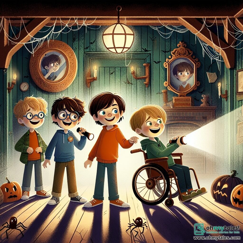 In an old haunted house, four boys stand together, their faces illuminated by the soft light of a lamp. Sam, a 10-year-old with messy brown hair and an orange t-shirt, smiles bravely while holding a flashlight. To his left, Max, a 9-year-old with round glasses and a blue sweater, laughs as he tells a joke. On the right, Leo, an 11-year-old with blonde hair and a red cap, gestures heroically, ready to explore. Finally, Ben, a 10-year-old in a wheelchair with brown hair and a green hoodie, looks on with curiosity, his eyes sparkling with excitement. Their surroundings are a dusty room with dark wooden walls, cobwebs in the corners, and a large antique mirror reflecting a mysterious light. Shadows dance on the floor, creating an intriguing and magical atmosphere. In the center, a small friendly ghost named Gus floats joyfully, inviting them to dance. The boys, united by adventure, are about to experience an unforgettable time filled with laughter and Halloween magic.