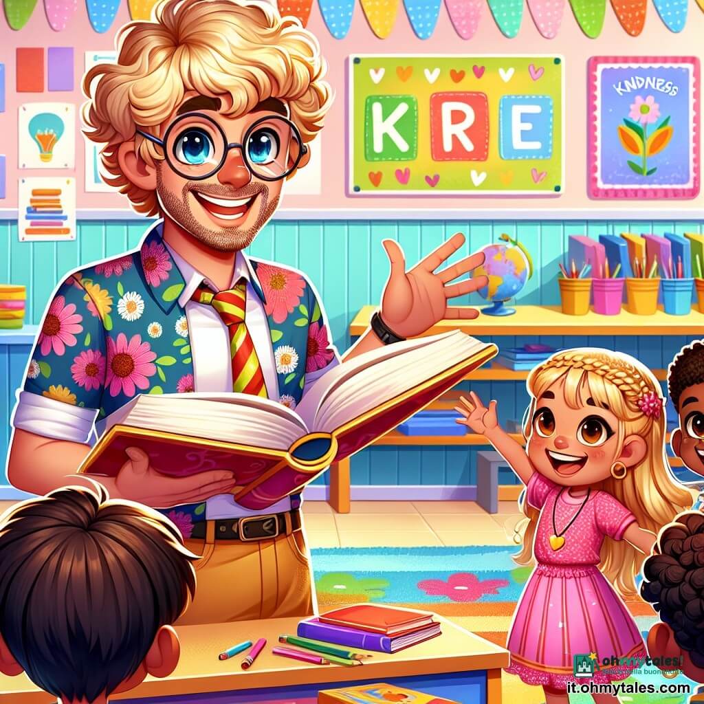 Un'insegnante trentenne, con capelli castani ricci e occhiali rotondi, sorride calorosamente mentre tiene un grande libro aperto. I suoi occhi brillano di entusiasmo e amore per l'apprendimento. Indossa una camicia colorata con motivi floreali. Accanto a lei, una bambina di 8 anni con trecce e un vestito rosa alza la mano con un grande sorriso, impaziente di condividere le sue idee. Un ragazzo di 7 anni, con capelli corti e biondi, si trova un po' in disparte, con gli occhi pieni di curiosità, tenendo uno zaino sulle spalle. La scena si svolge in un'aula luminosa, con pareti dipinte di giallo pastello, poster colorati sulle regole di gentilezza e una grande lavagna nera. Tappeti di diversi colori sono disposti sul pavimento e libri dalle copertine vivaci sono sparsi sui tavoli. L'insegnante spiega con passione una storia, circondata dai bambini che l'ascoltano attentamente, catturati dalle parole. L'atmosfera è gioiosa e piena di energia, con raggi di sole che filtrano attraverso le finestre, illuminando i volti dei bambini.